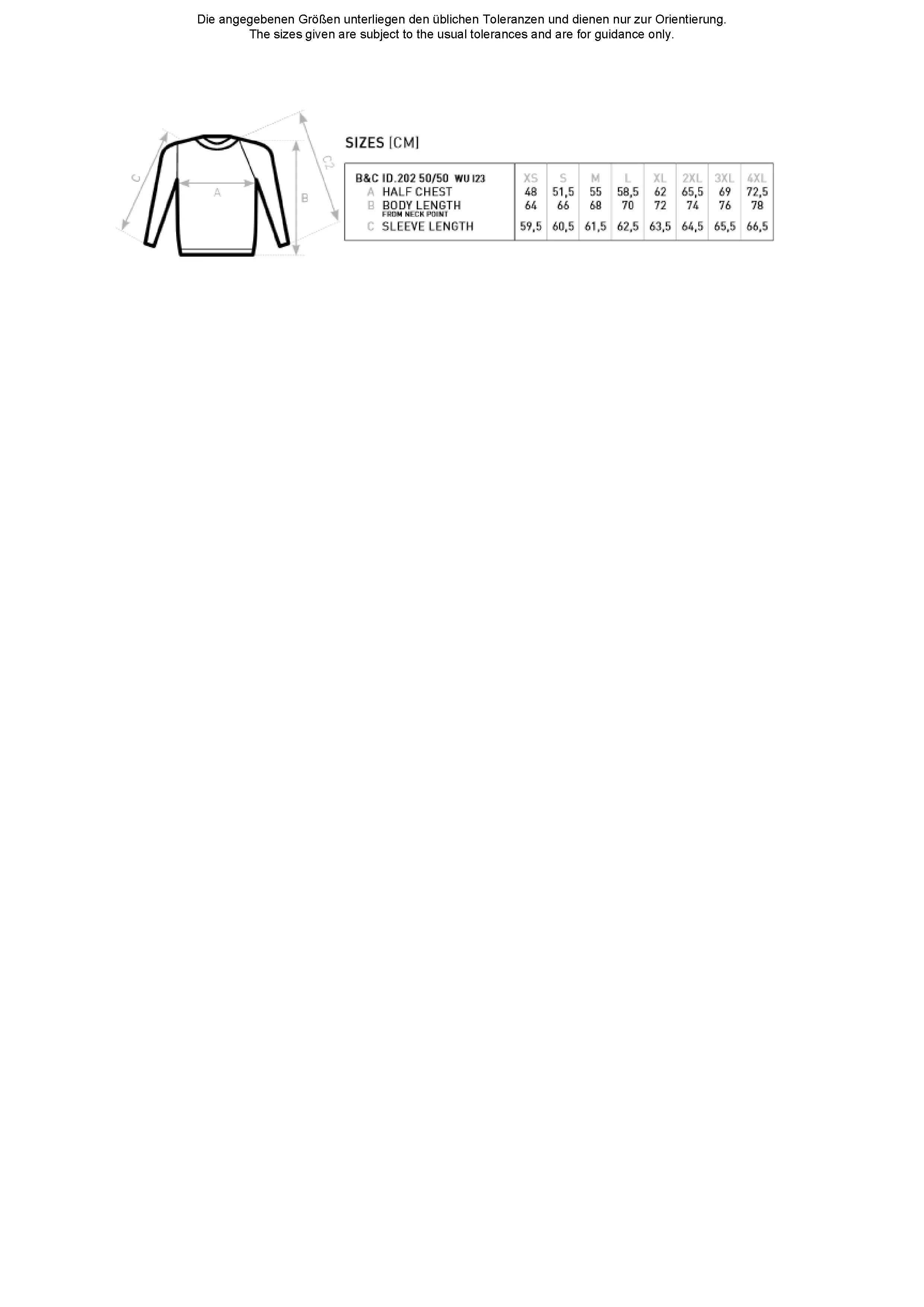Größentabelle für ID.202 50/50 Sweatshirt – BCWUI23
