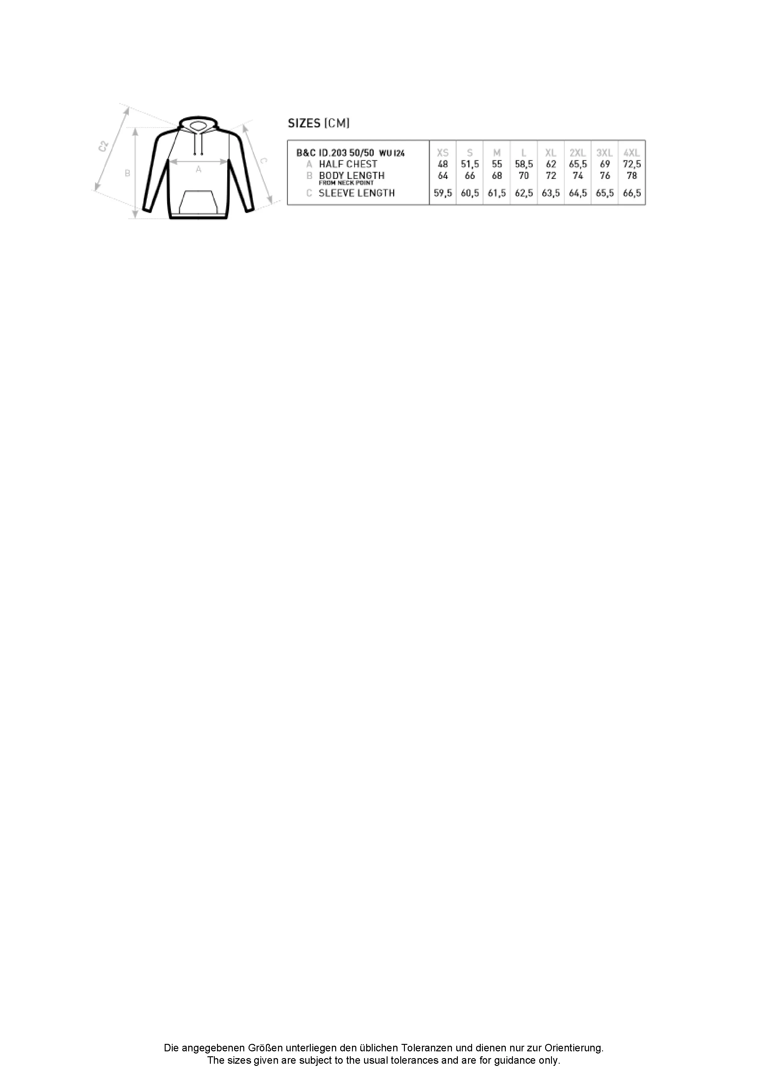 Größentabelle für ID.203 50/50 Hooded Sweatshirt – BCWUI24