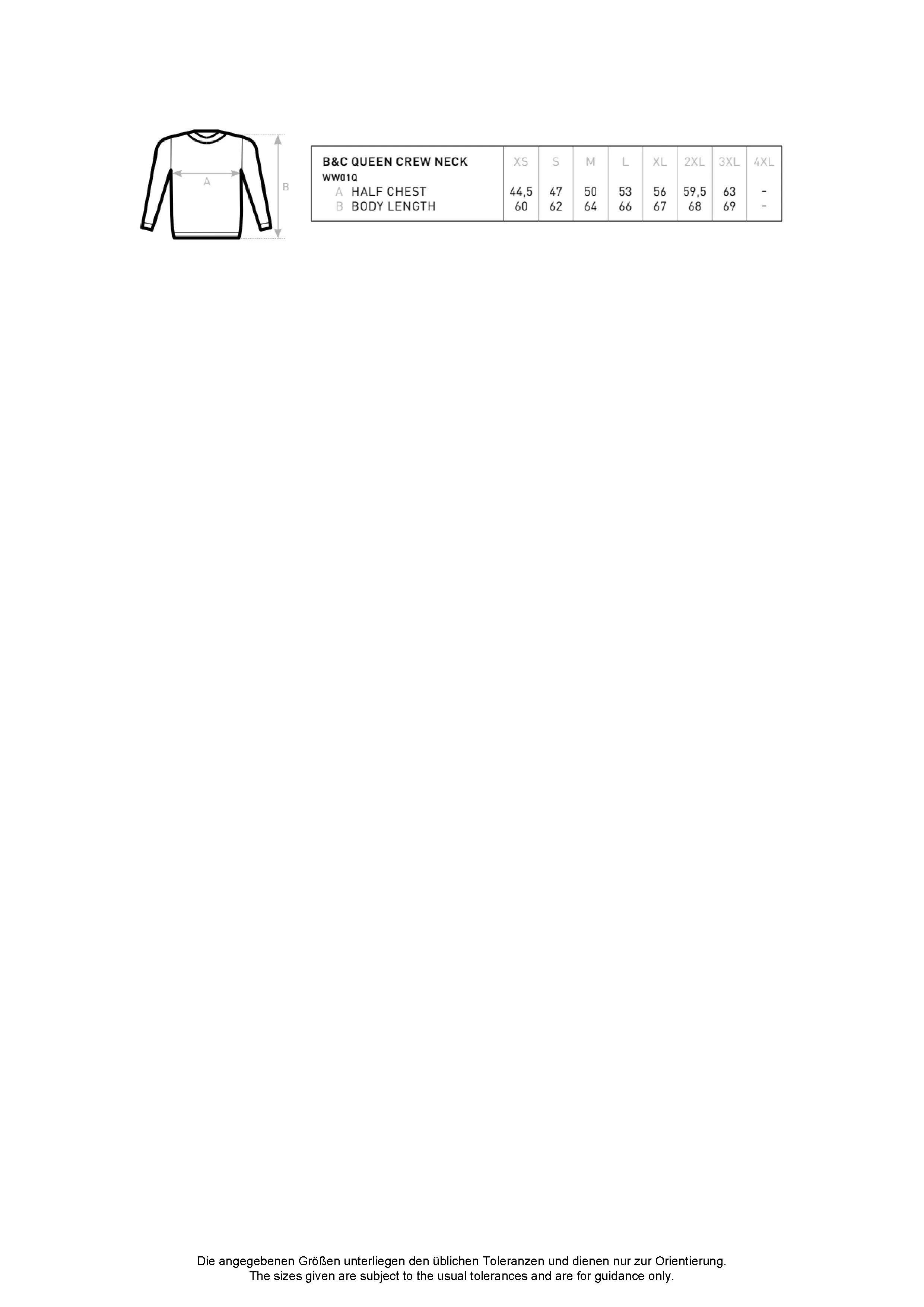 Größentabelle für QUEEN Crew Neck Sweat_° – BCWW01Q
