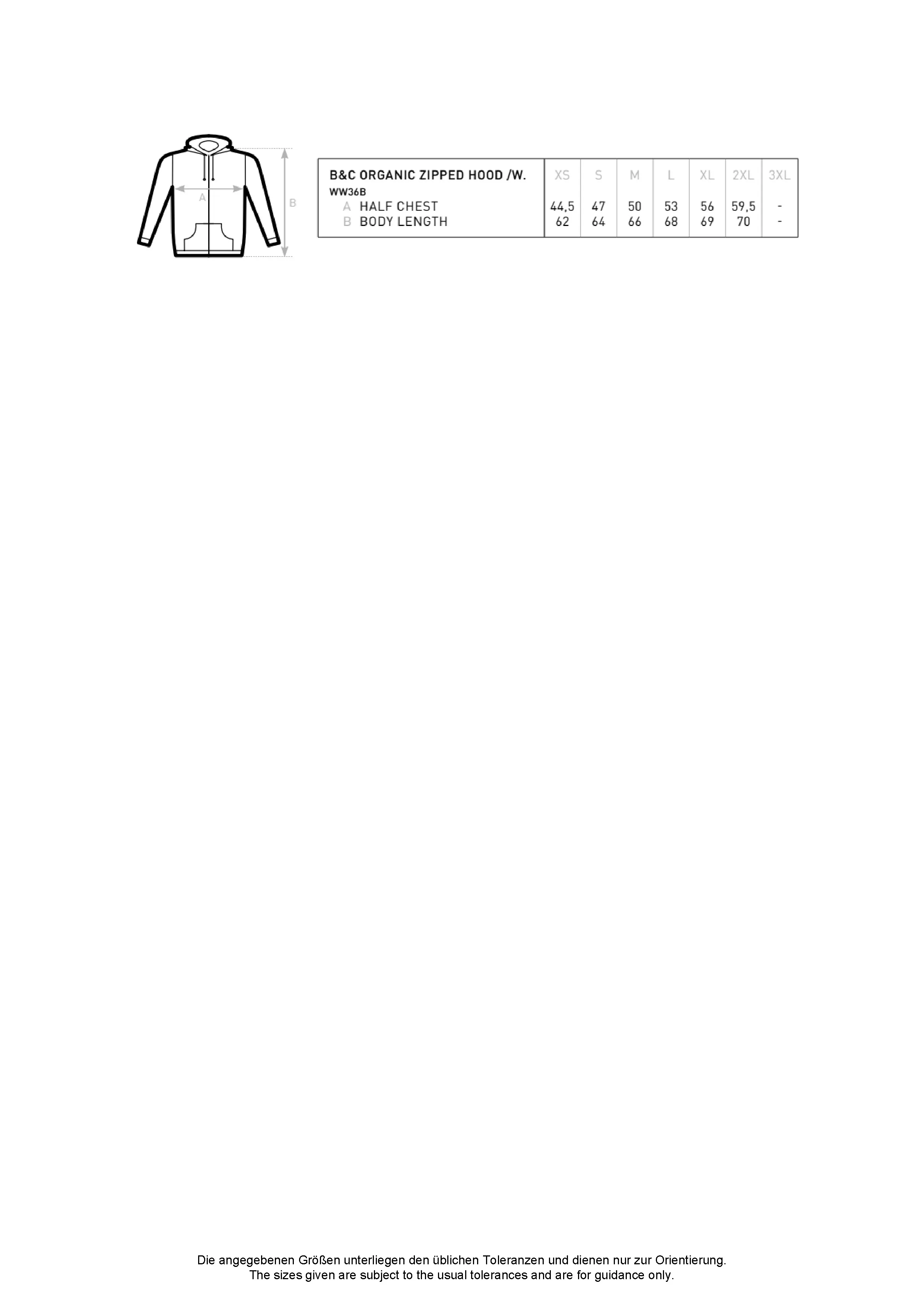 Größentabelle für Inspire Zipped Hood Jacket /Women_° – BCWW36B
