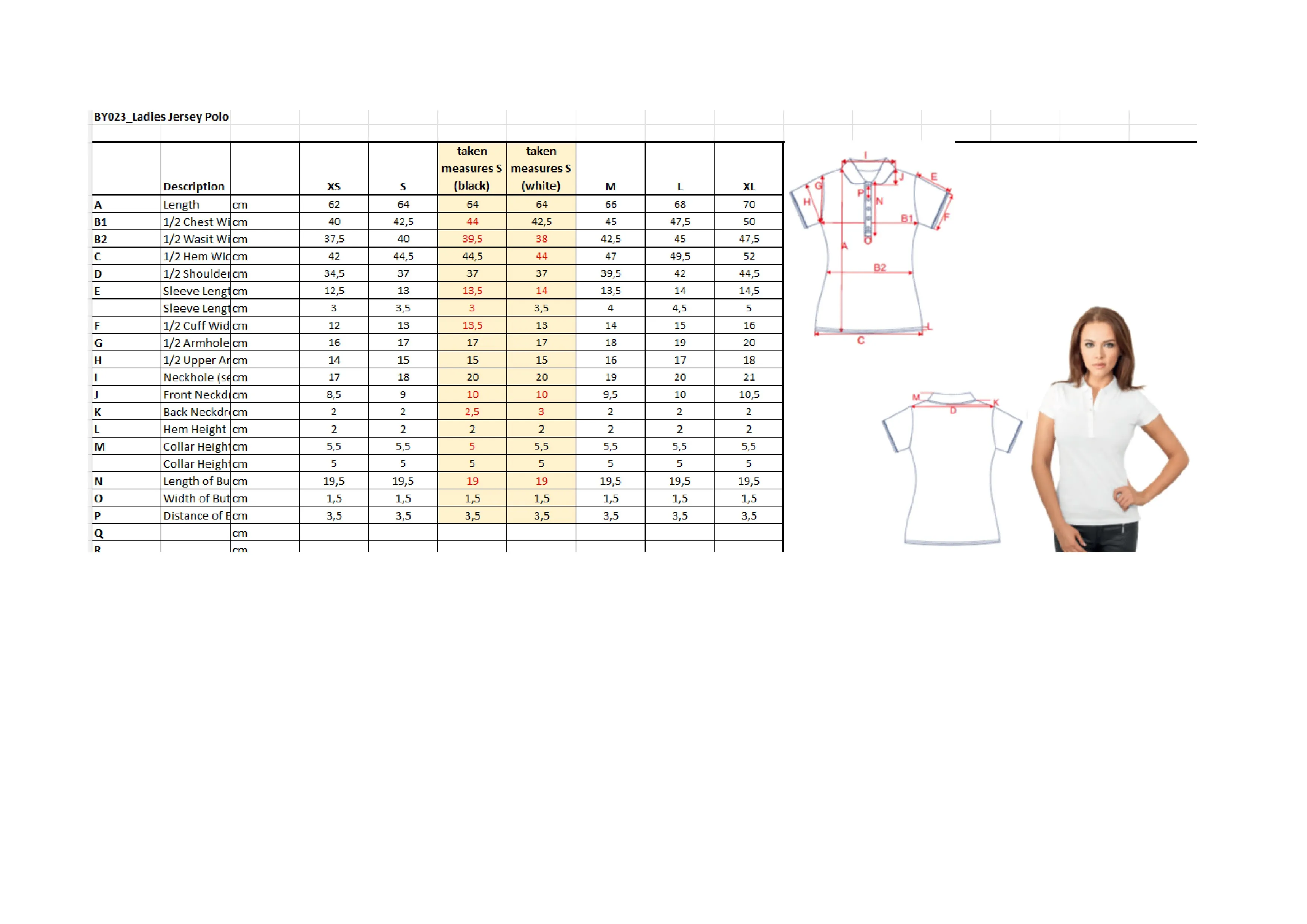 Größentabelle für Ladies´ Jersey Polo – BY023