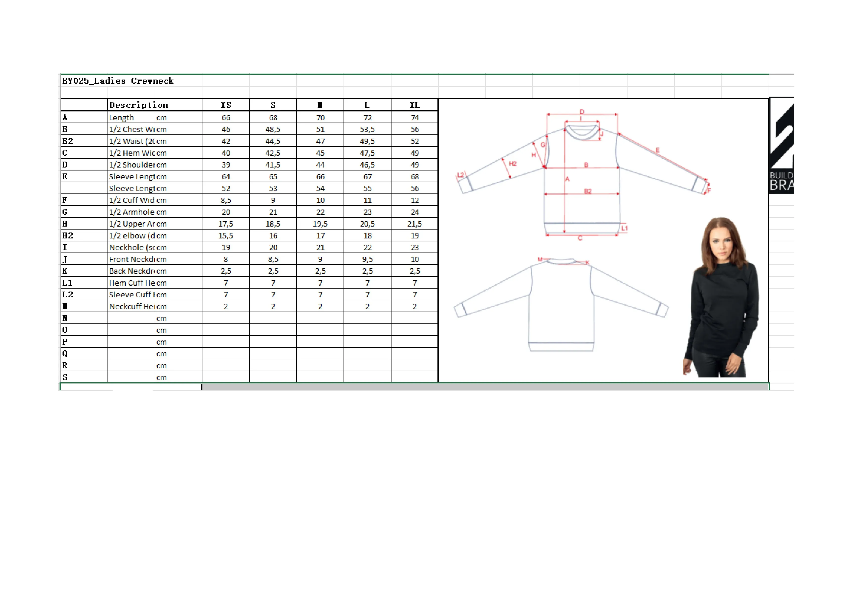 Größentabelle für Ladies Light Crewneck – BY025