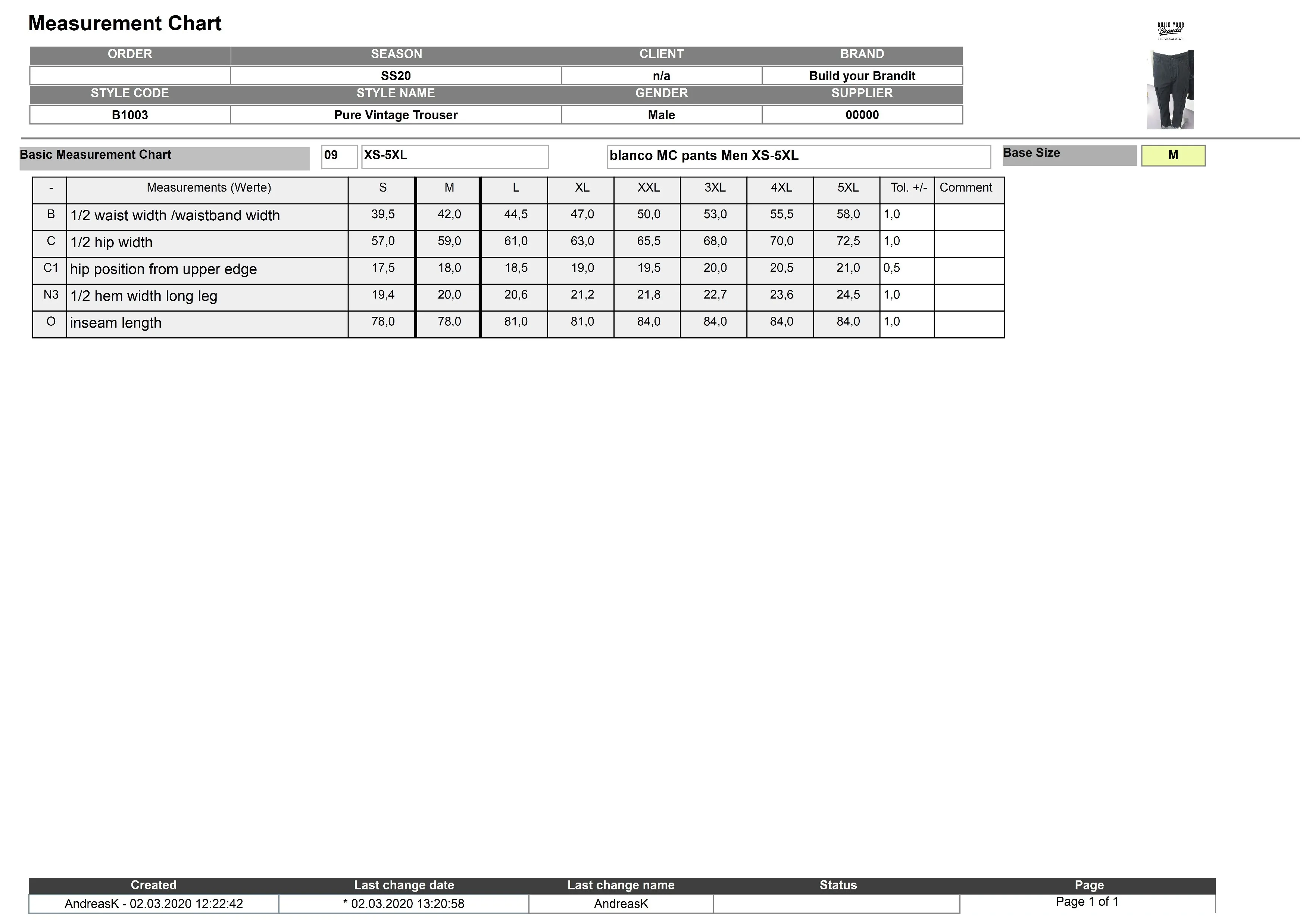 Größentabelle für Pure Vintage Trousers – BYB1003