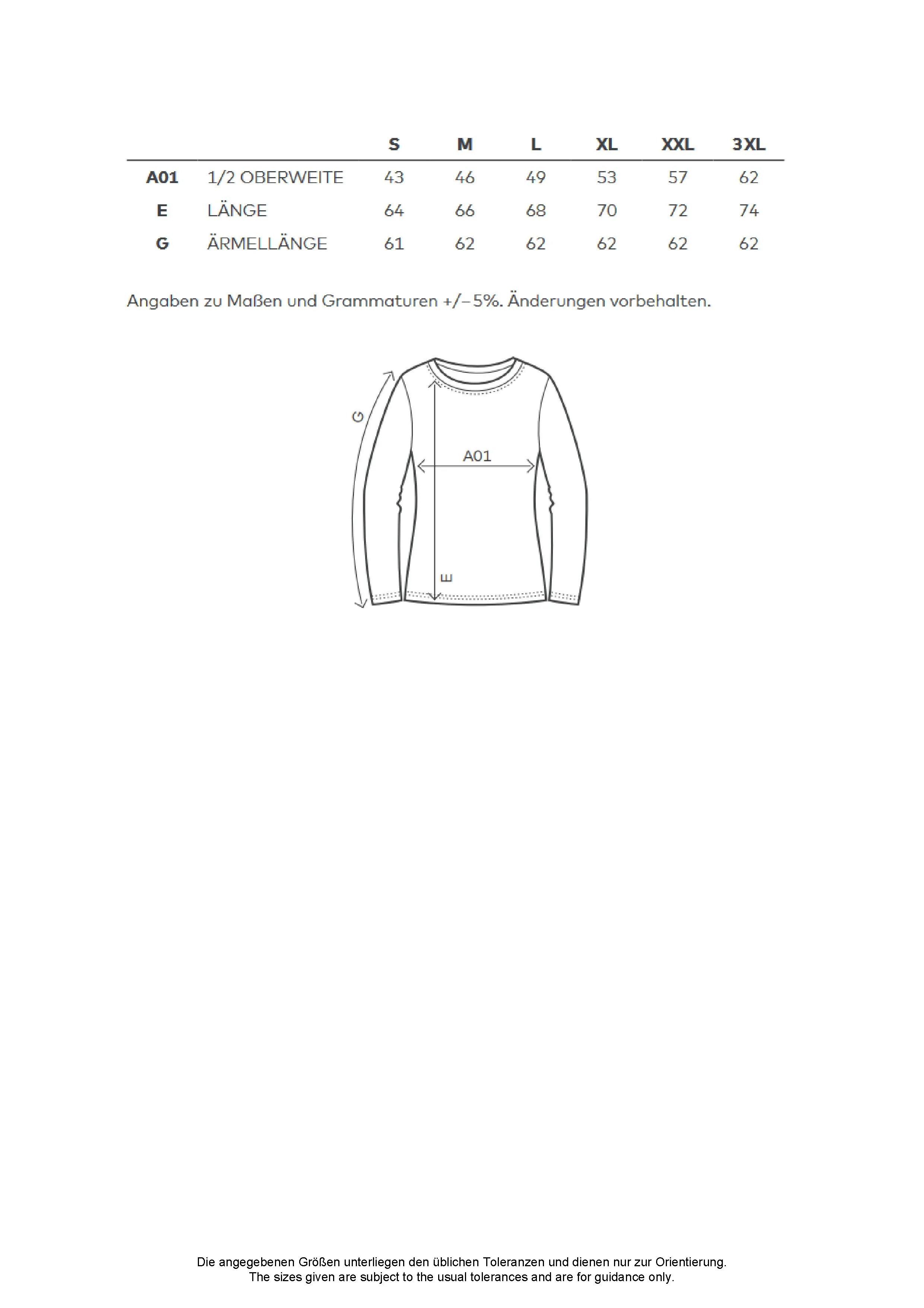 Größentabelle für Women´s T-Shirt Long Sleeve – CD4095