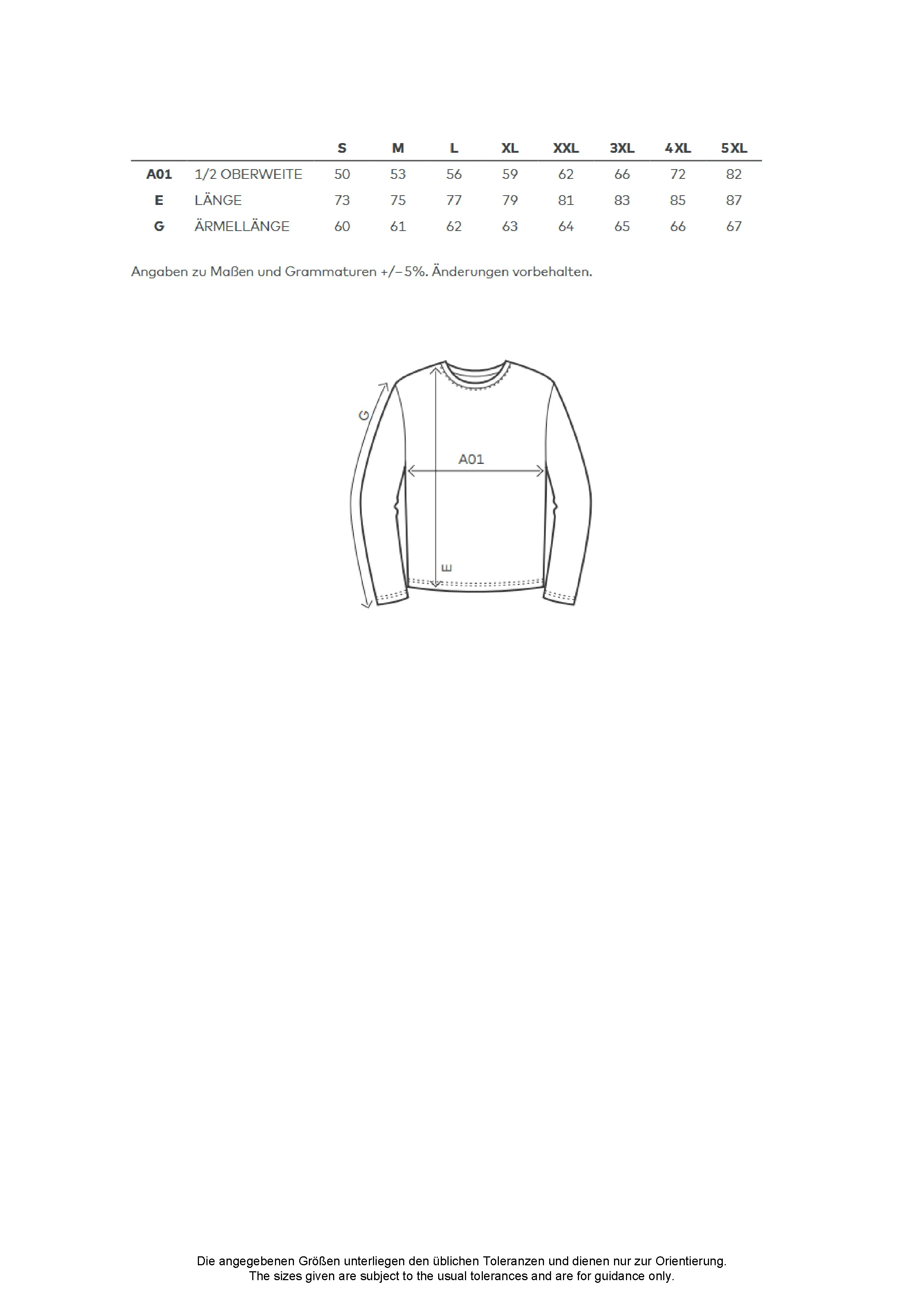 Größentabelle für Men´s T-Shirt Long Sleeve – CD4097