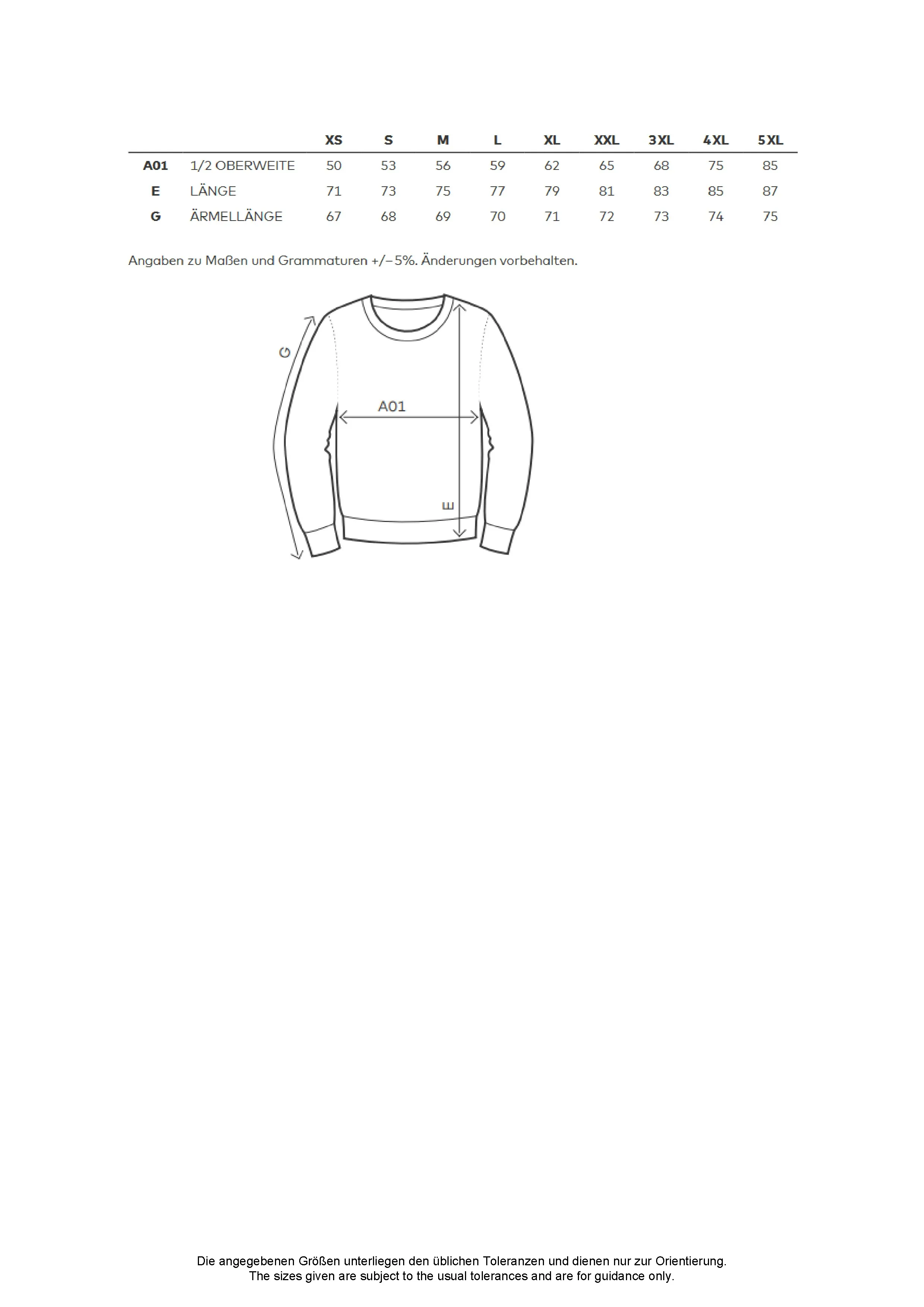 Größentabelle für Unisex Sweater – CD5077
