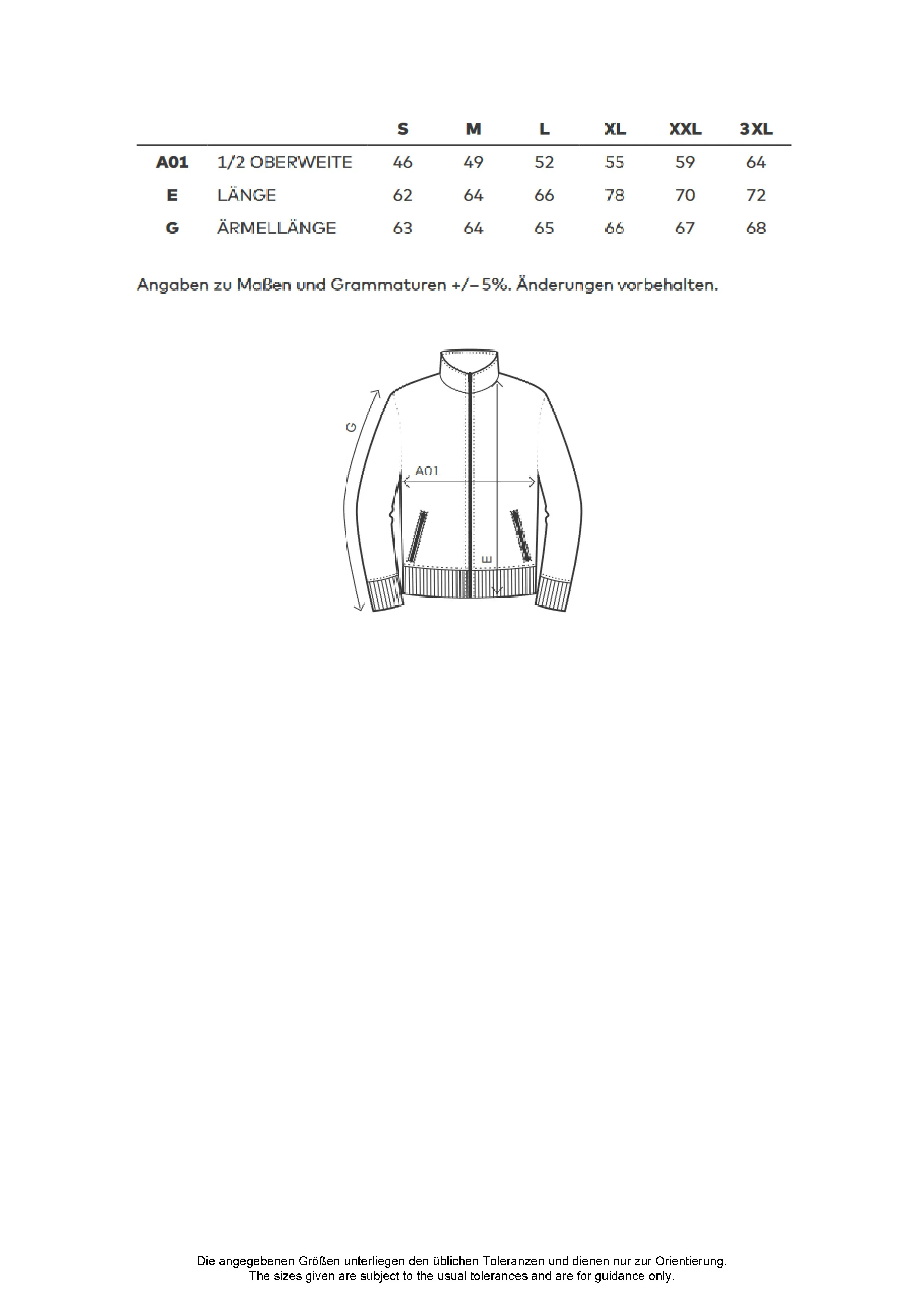 Größentabelle für Women´s Sweatjacket – CD5275