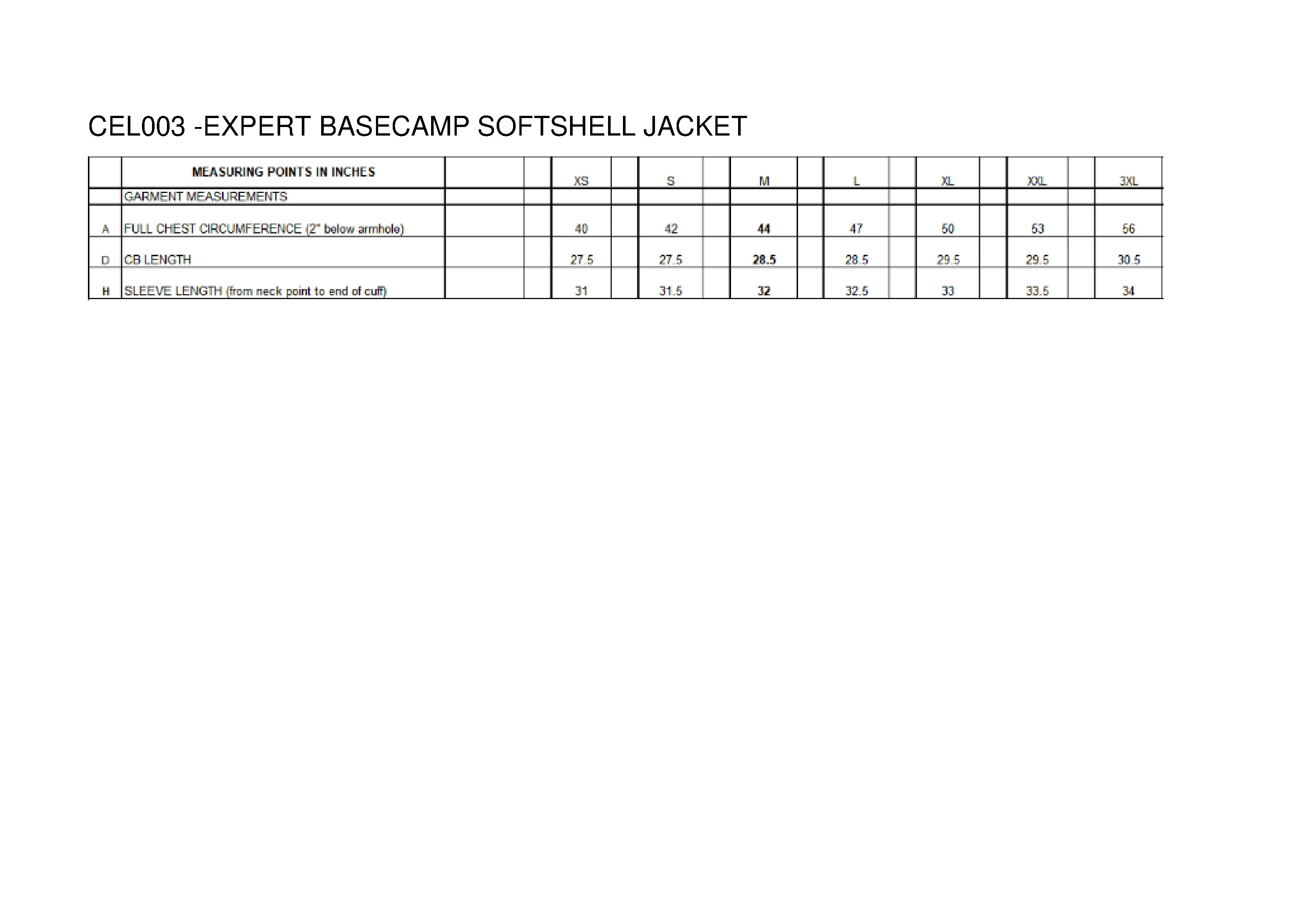 Größentabelle für Expert Basecamp Softshell Jacket – CEL003