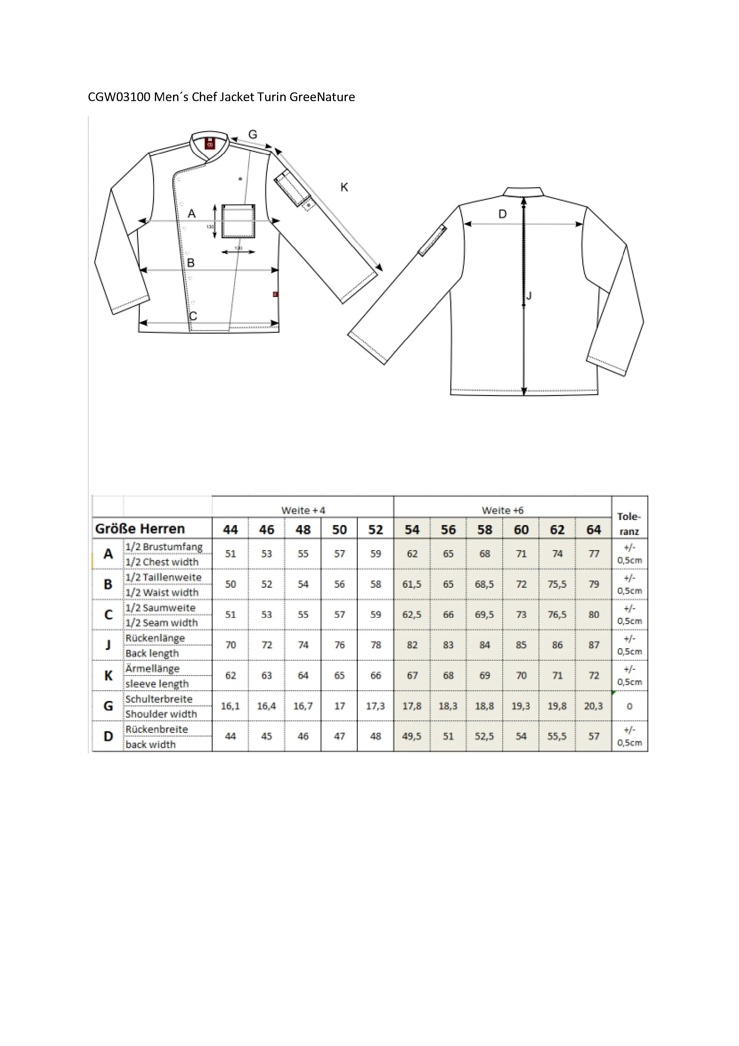 Größentabelle für Men´s Chef Jacket Turin GreeNature – CGW03100