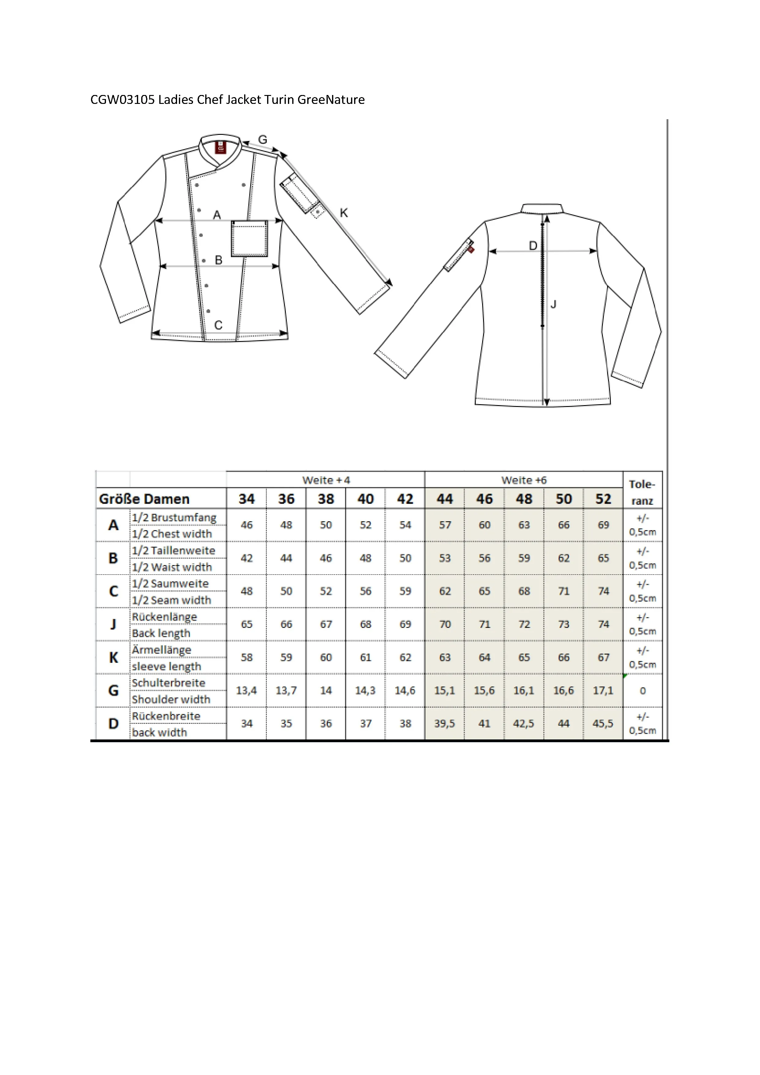 Größentabelle für Ladies´ Chef Jacket Turin GreeNature – CGW03105
