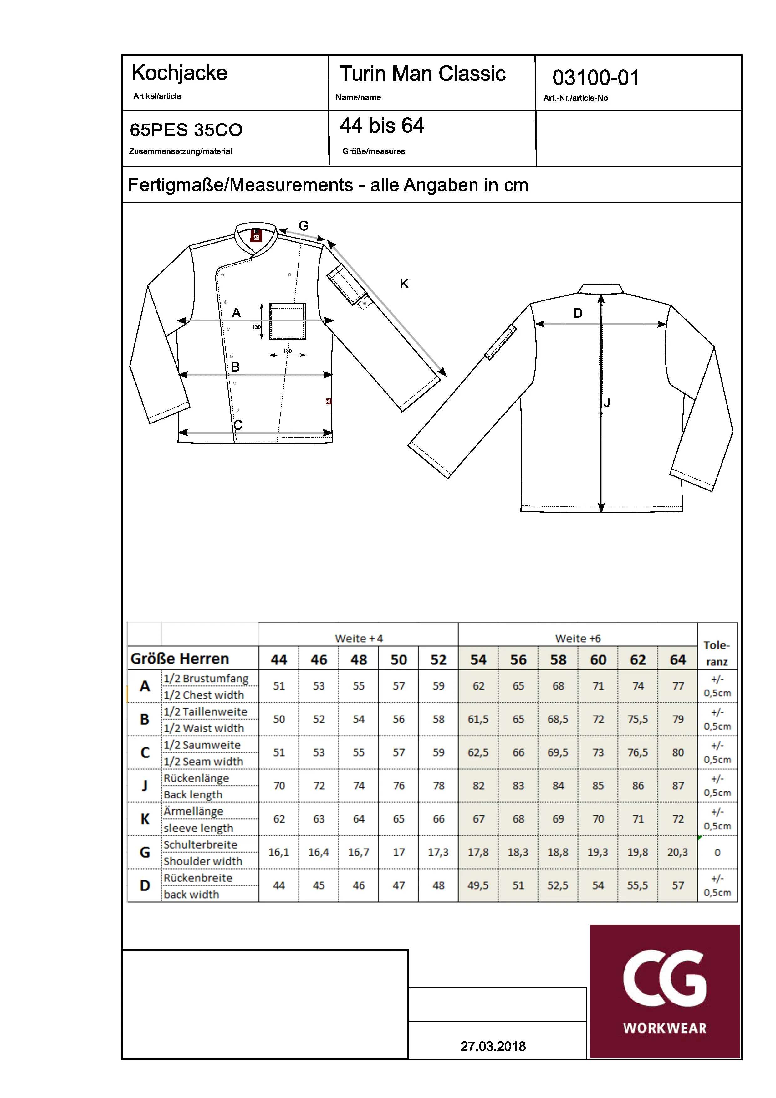 Größentabelle für Men´s Chef Jacket Turin Classic – CGW3100