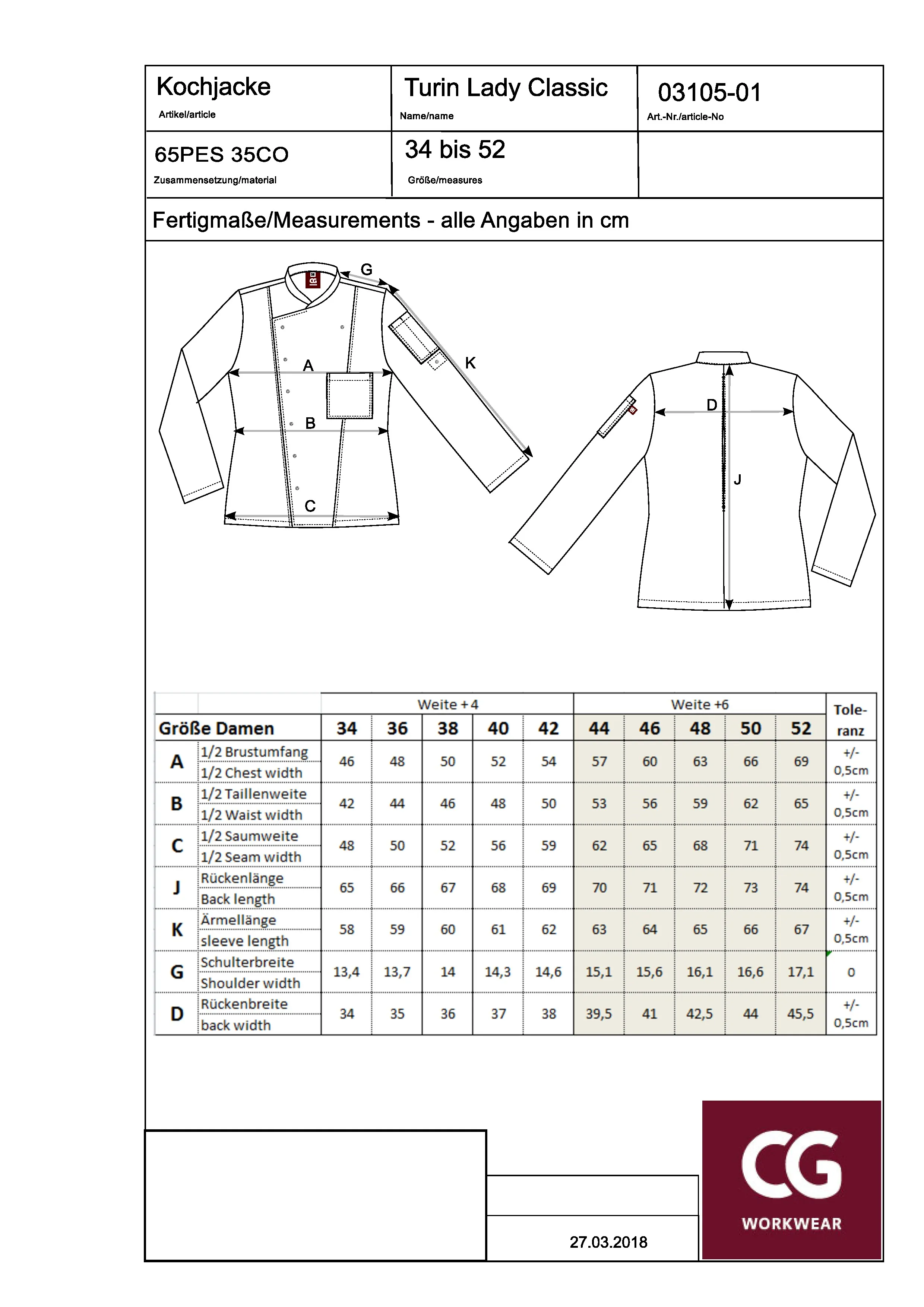 Größentabelle für Ladies´ Chef Jacket Turin Classic – CGW3105