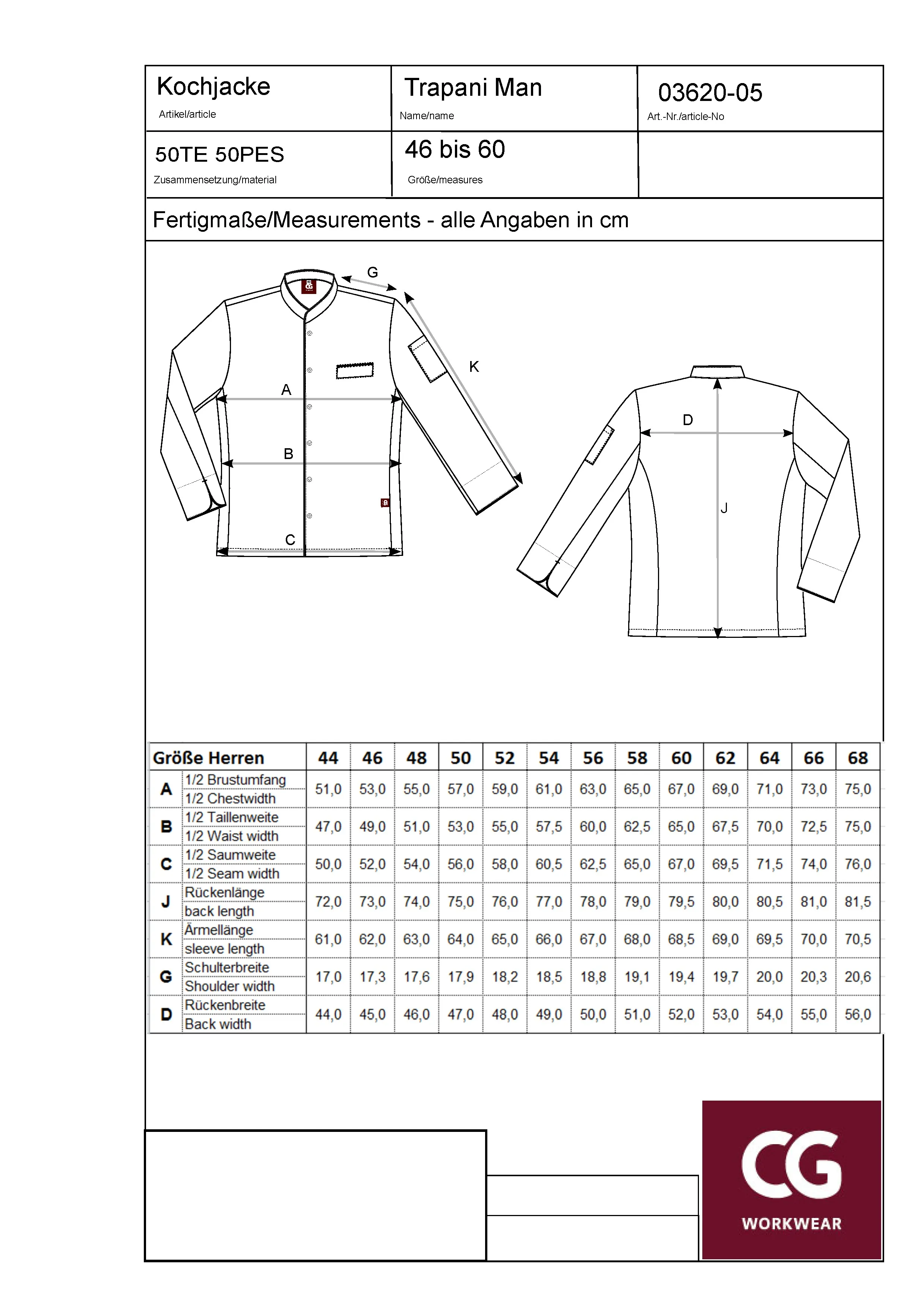 Größentabelle für Men´s Chef Jacket Trapani – CGW3620