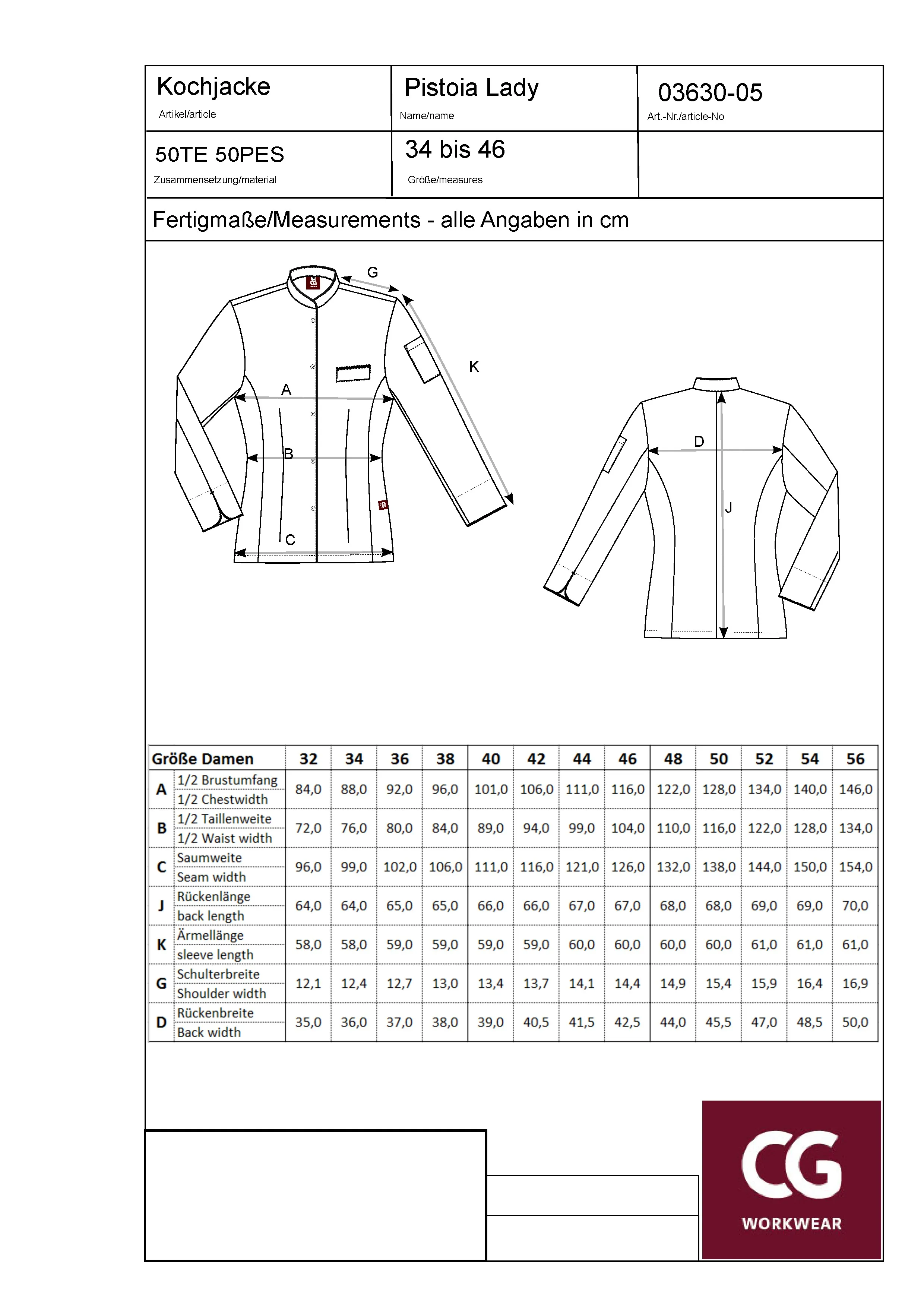 Größentabelle für Ladies´ Chef Jacket Pistoia – CGW3630