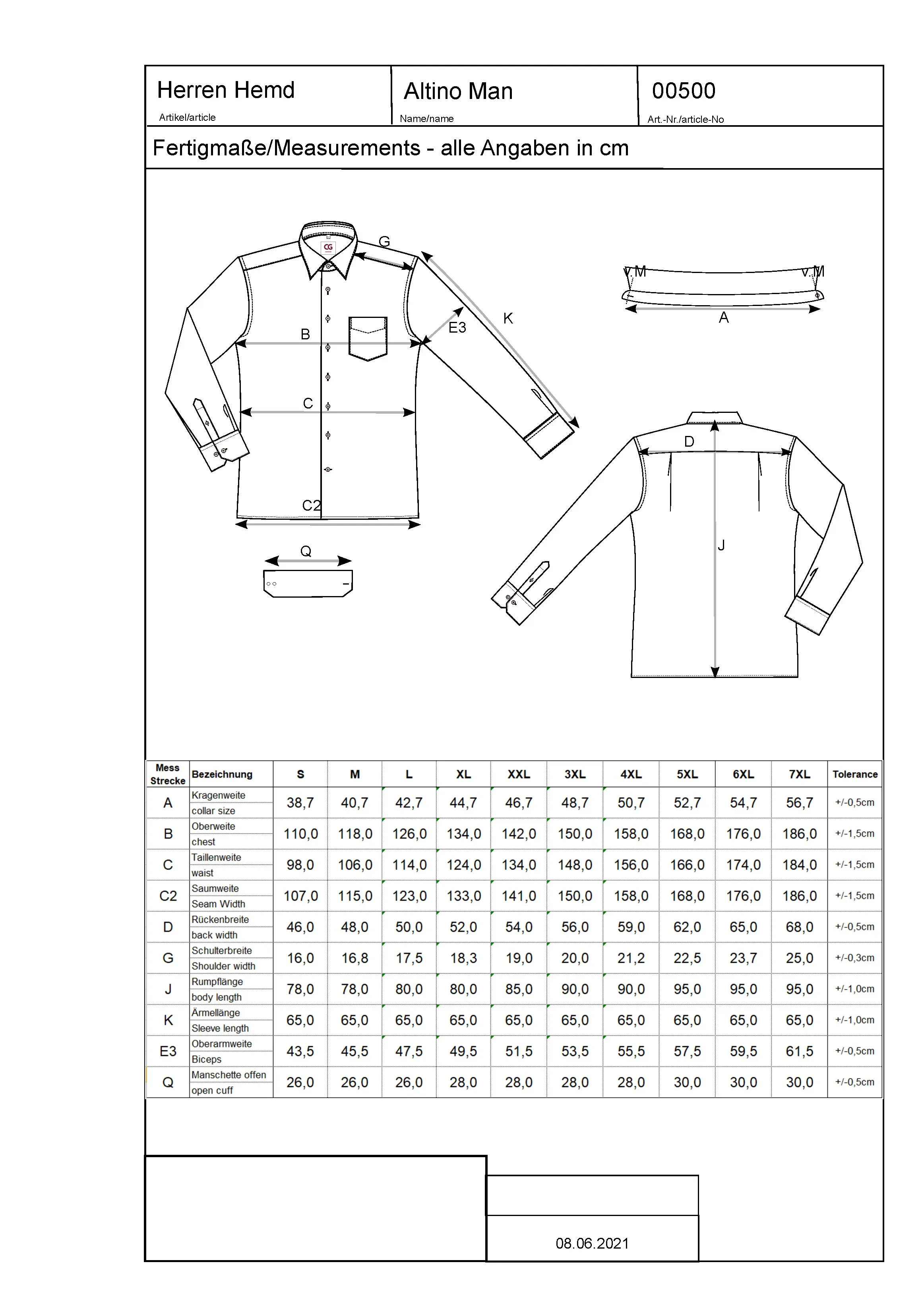 Größentabelle für Men´s Shirt Altino – CGW500