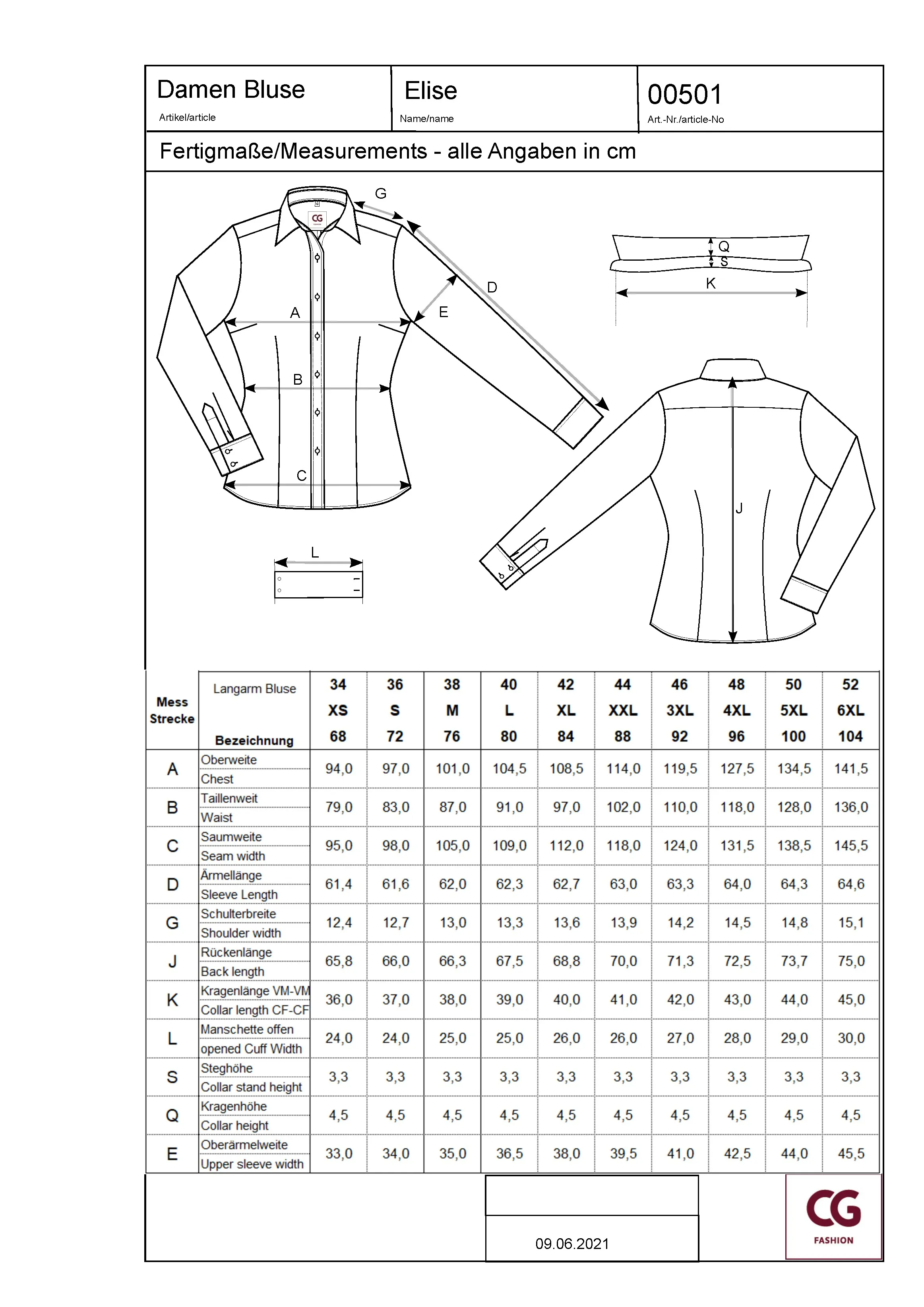 Größentabelle für Ladies´ Blouse Elise – CGW501