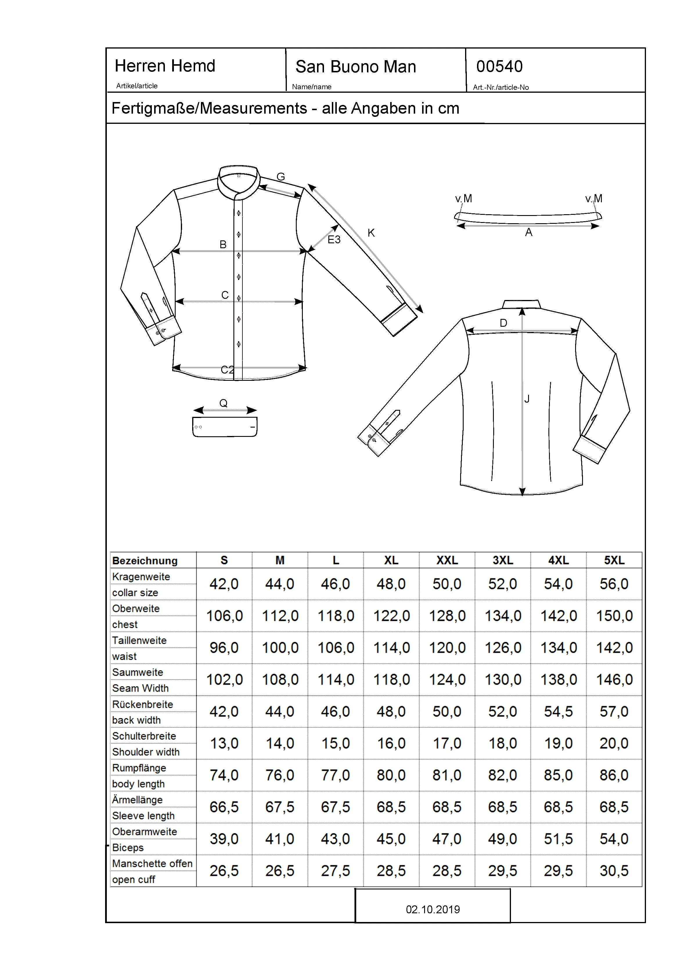 Größentabelle für Men´s Shirt San Buono – CGW540