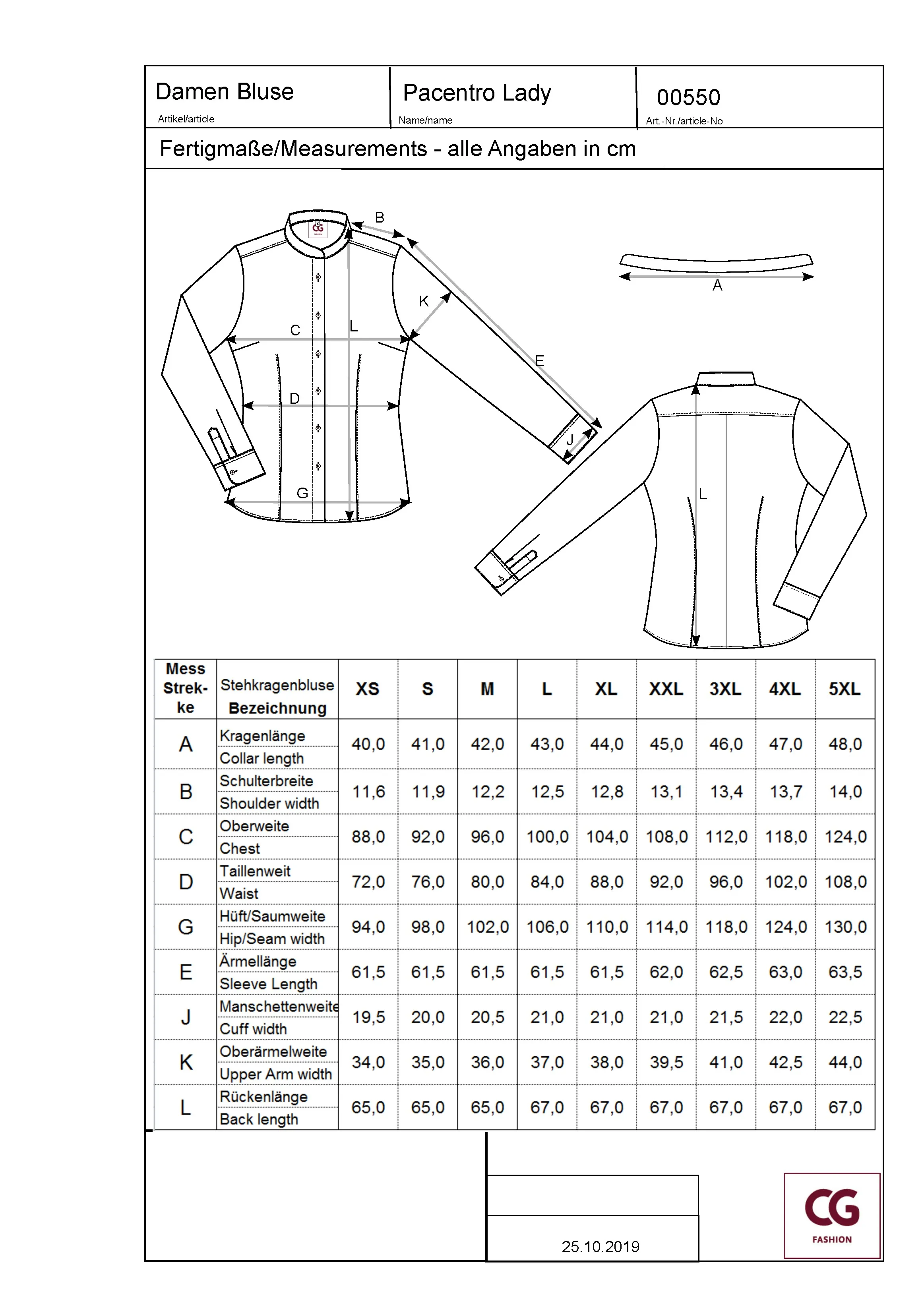 Größentabelle für Ladies´ Blouse Pacentro – CGW550
