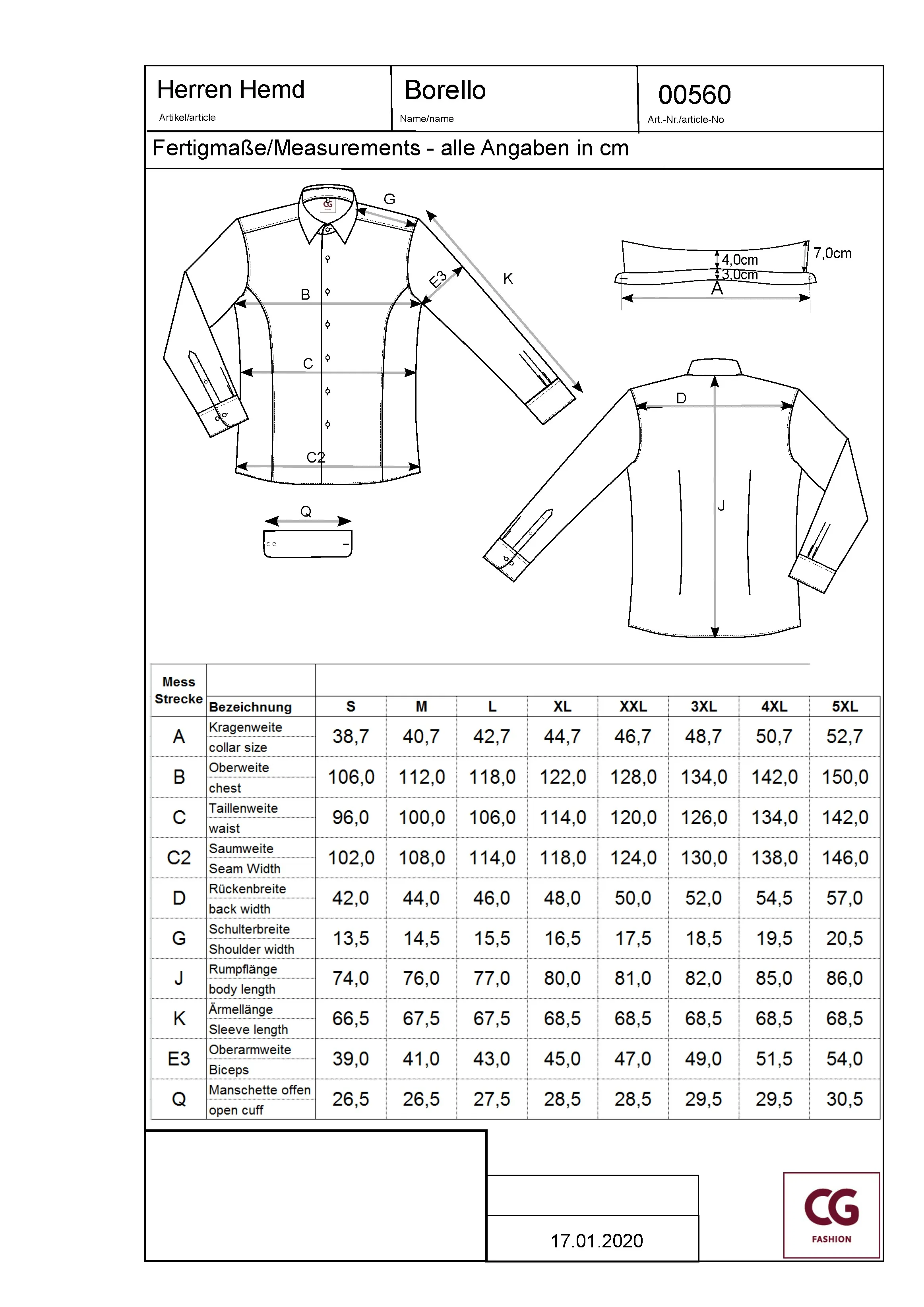 Größentabelle für Men´s Shirt Borello – CGW560