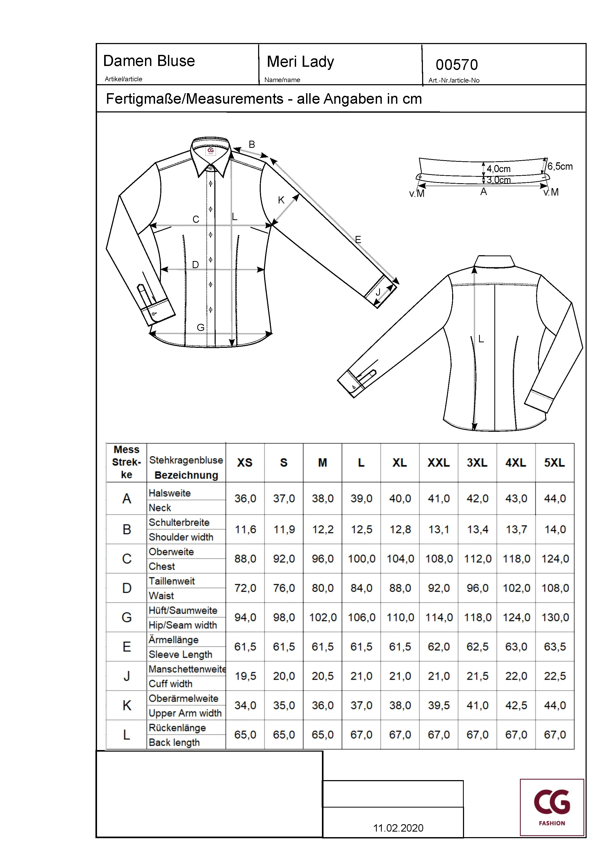 Größentabelle für Ladies´ Blouse Meri – CGW570