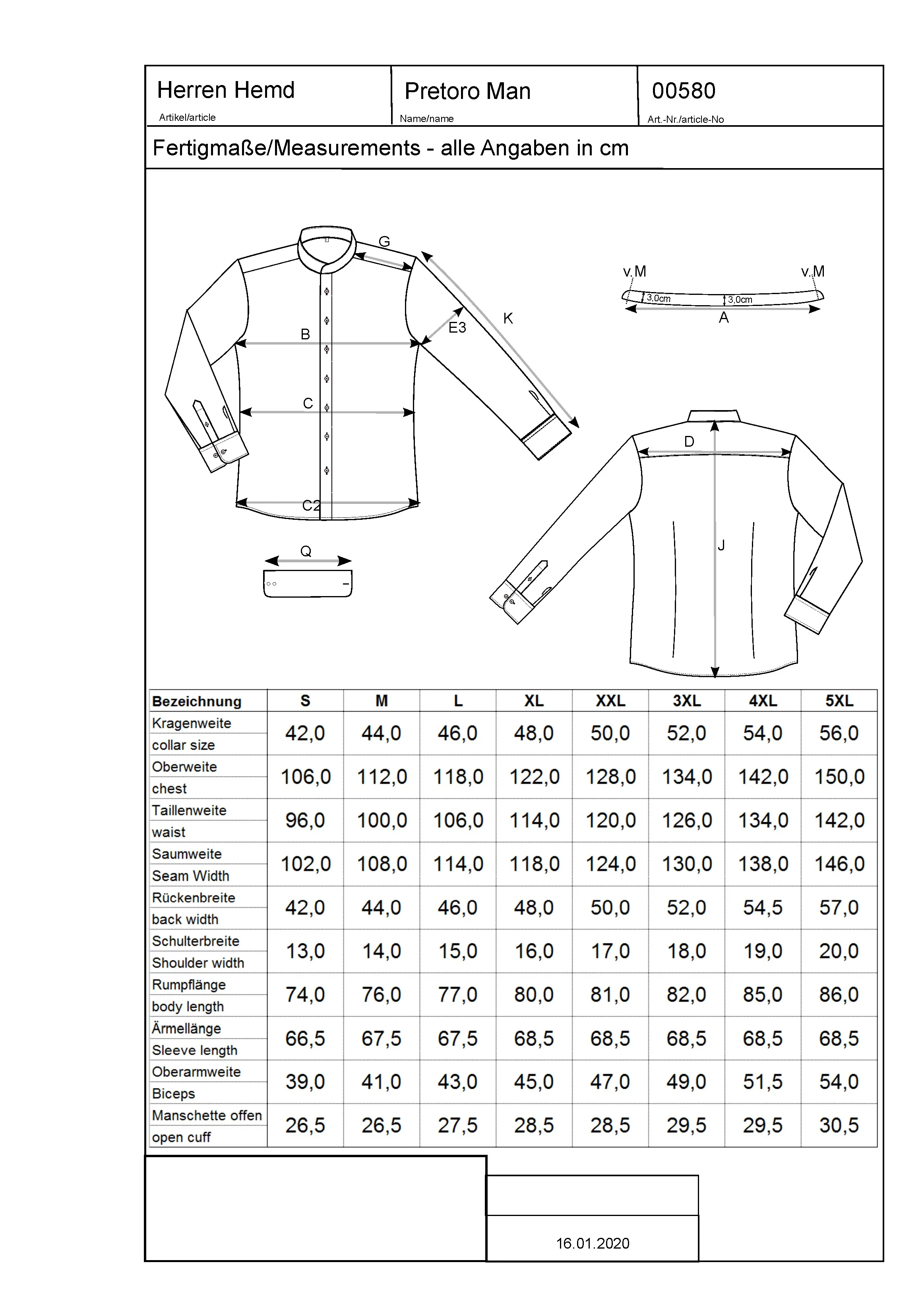Größentabelle für Men´s Shirt Pretoro – CGW580
