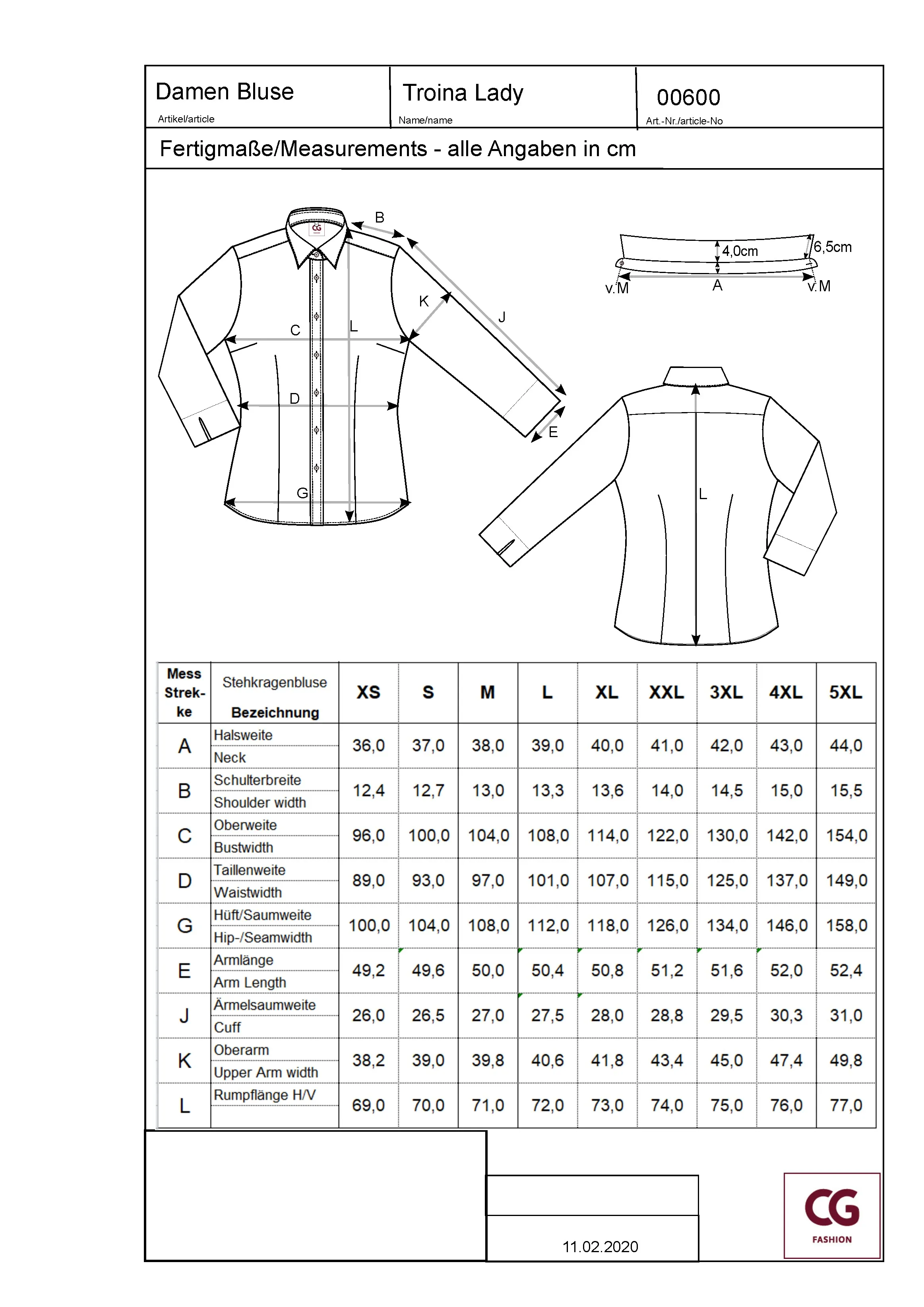 Größentabelle für Ladies´ Blouse Troina – CGW600