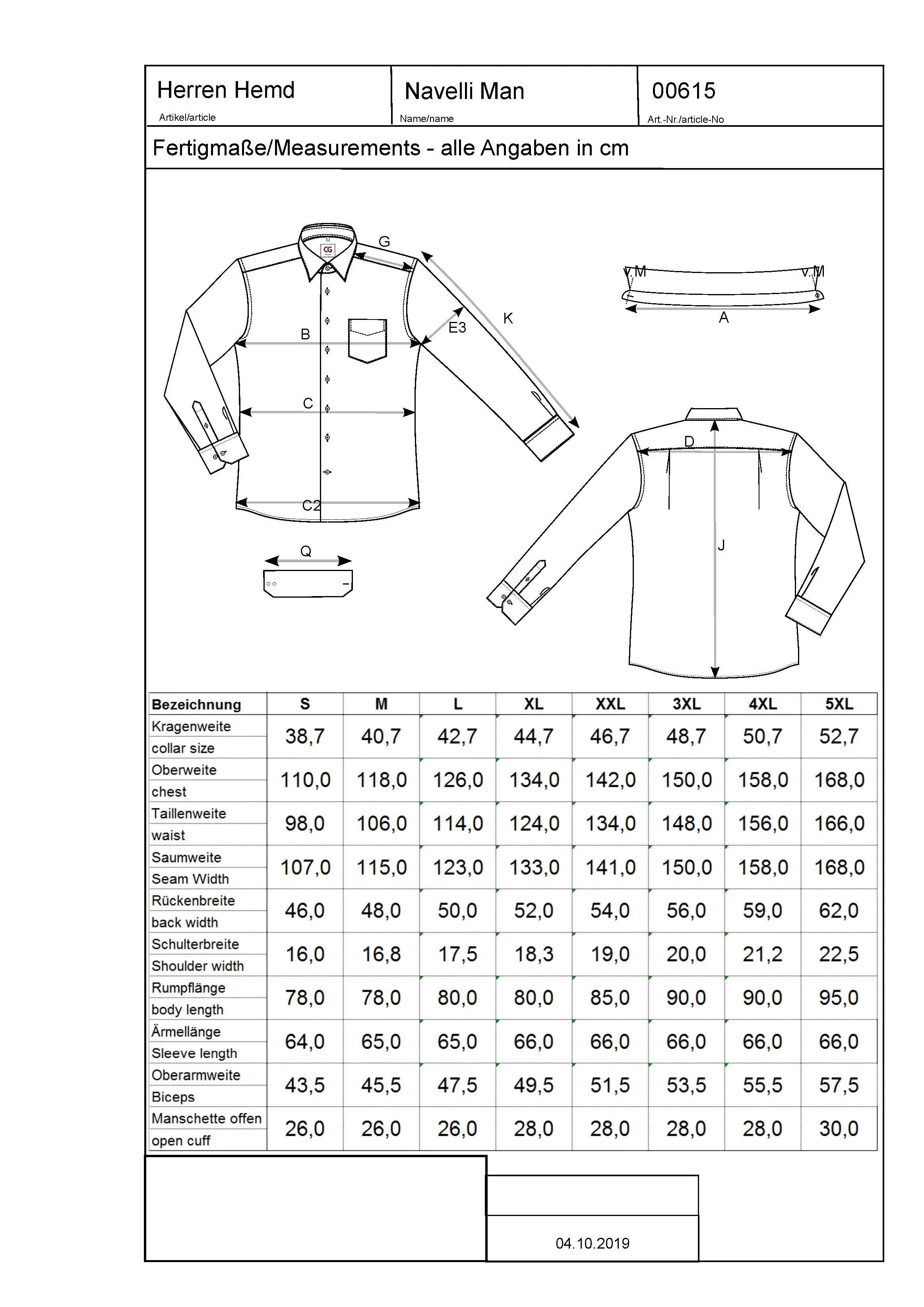 Größentabelle für Men´s Shirt Navelli – CGW615