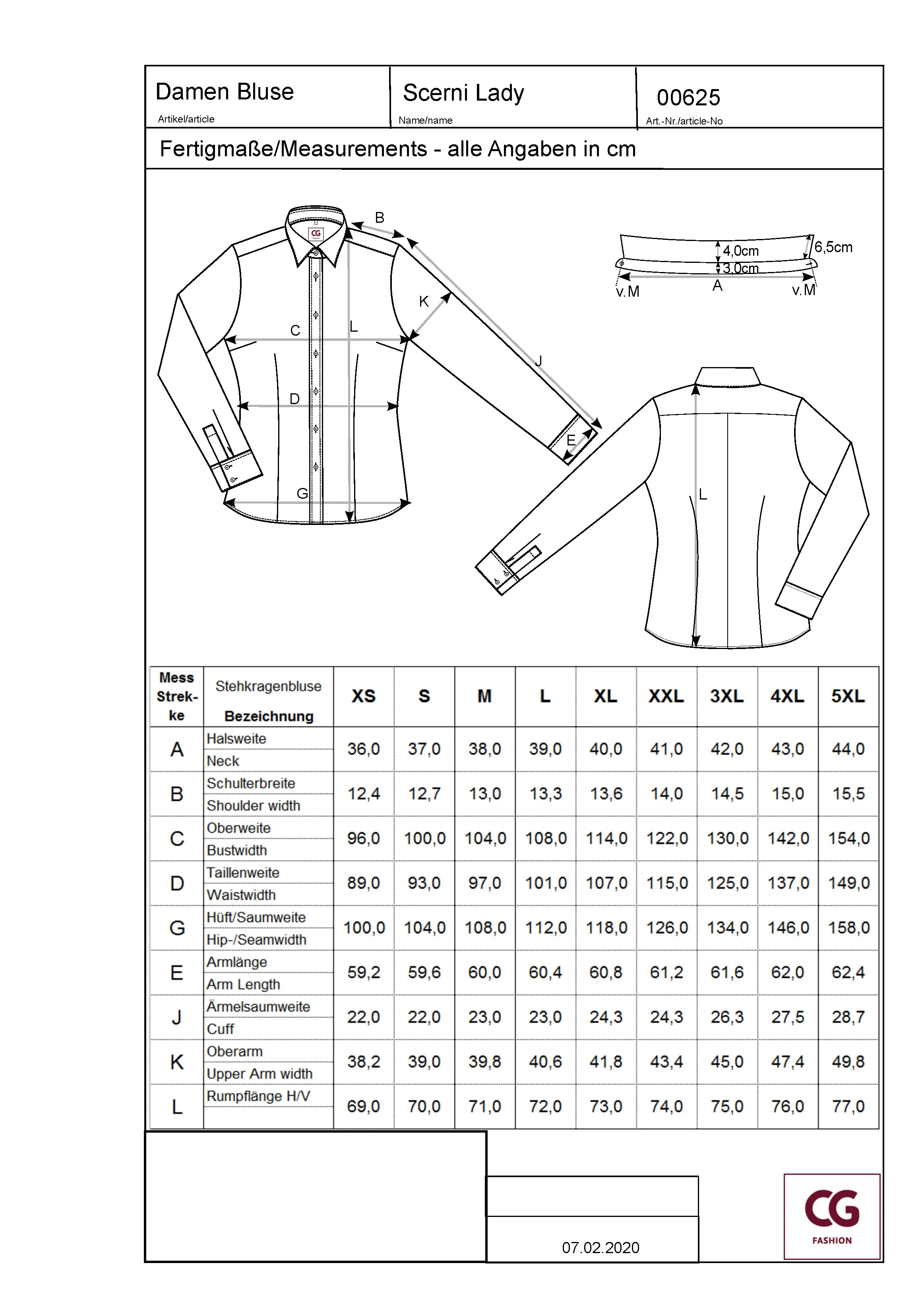 Größentabelle für Ladies´ Blouse Scerni – CGW625