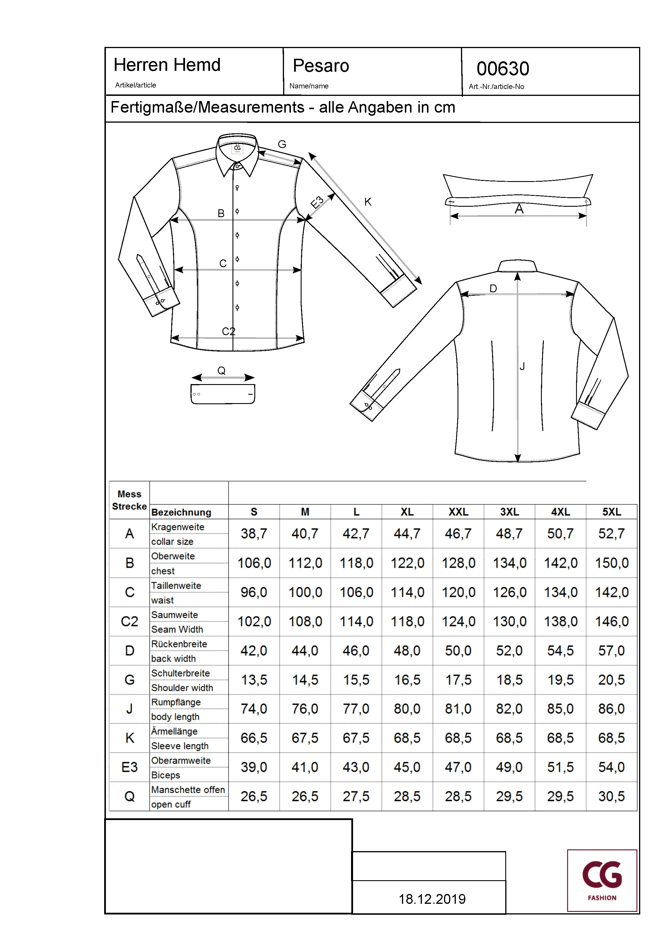 Größentabelle für Men´s Shirt Pesaro – CGW630