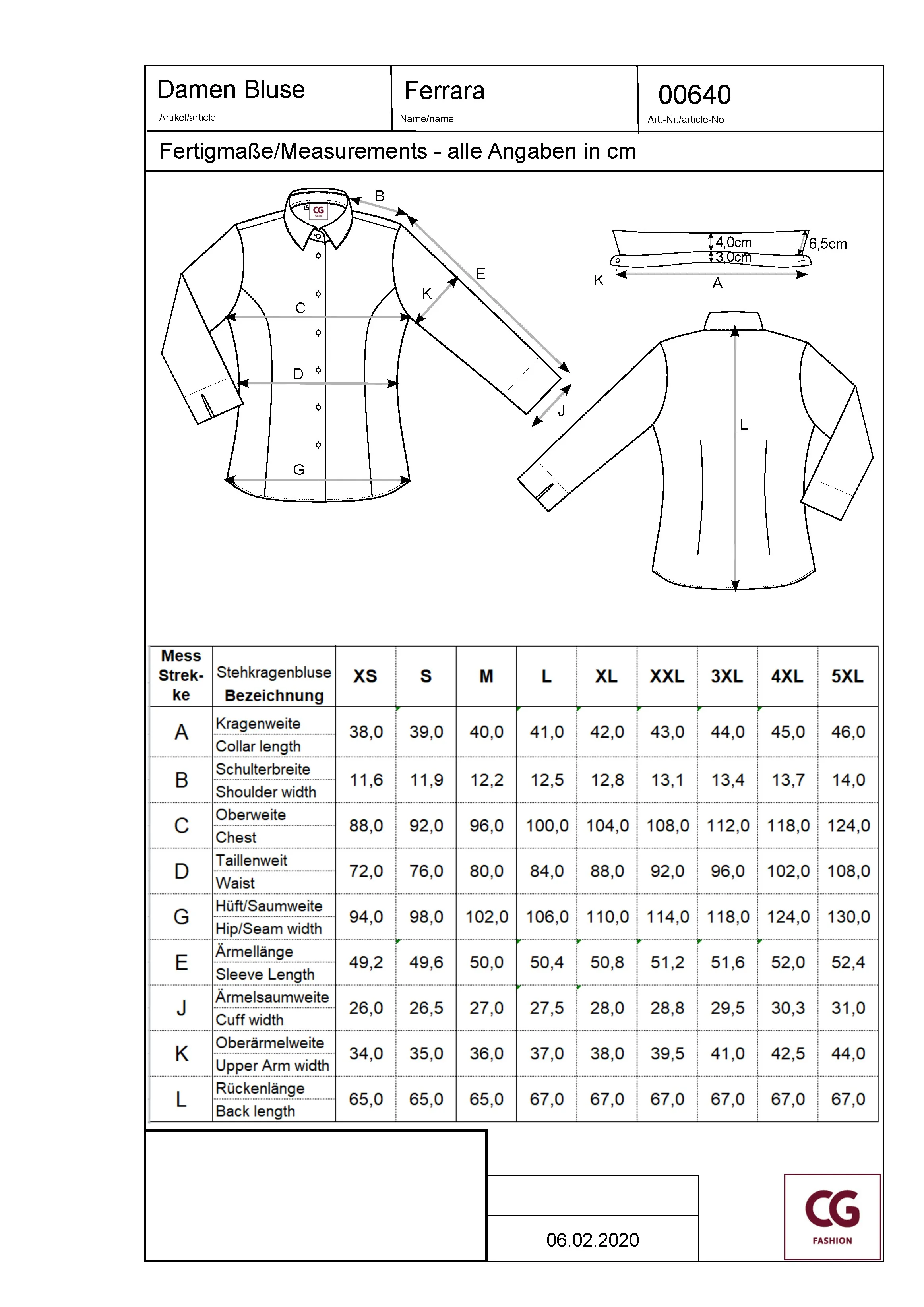 Größentabelle für Ladies´ Blouse Ferrara – CGW640
