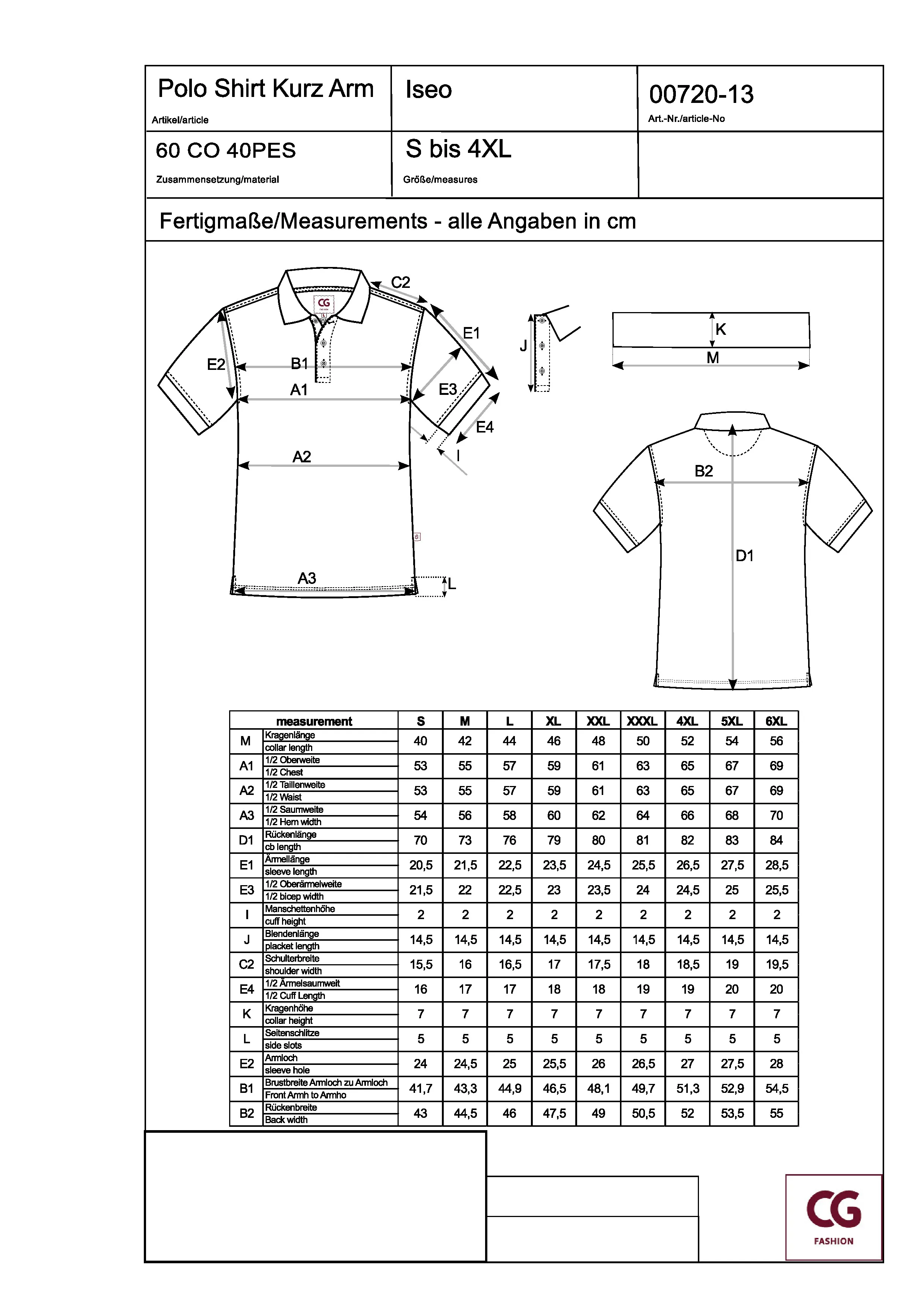 Größentabelle für Men´s Polo Iseo – CGW720