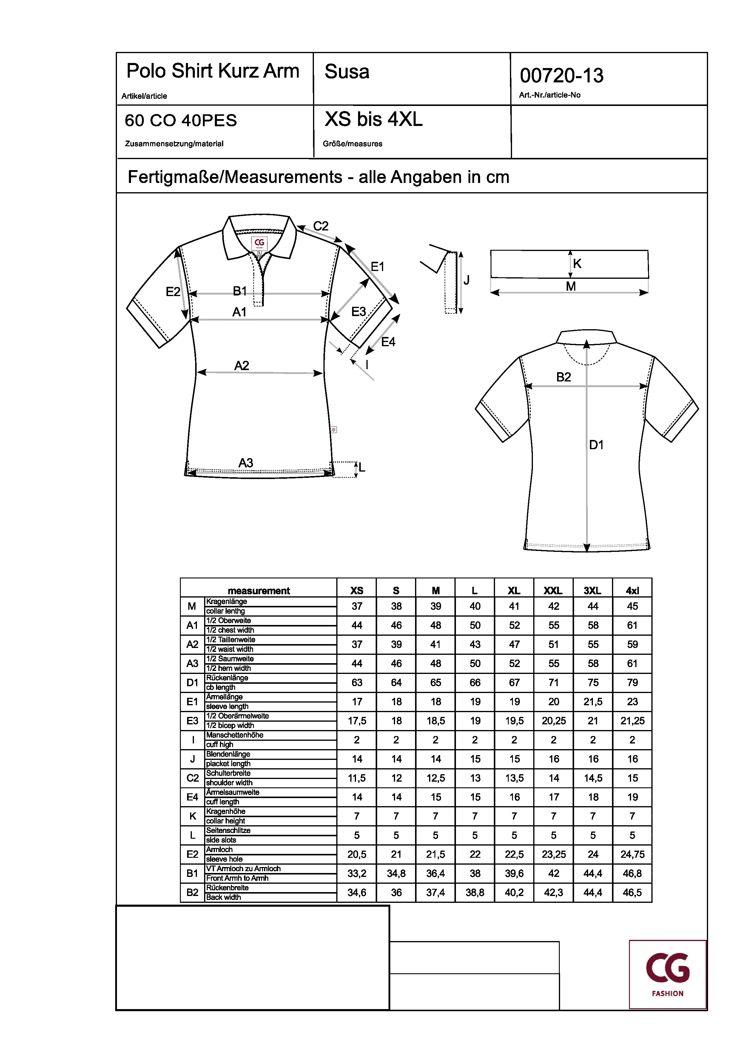 Größentabelle für Ladies´ Polo Susa – CGW730