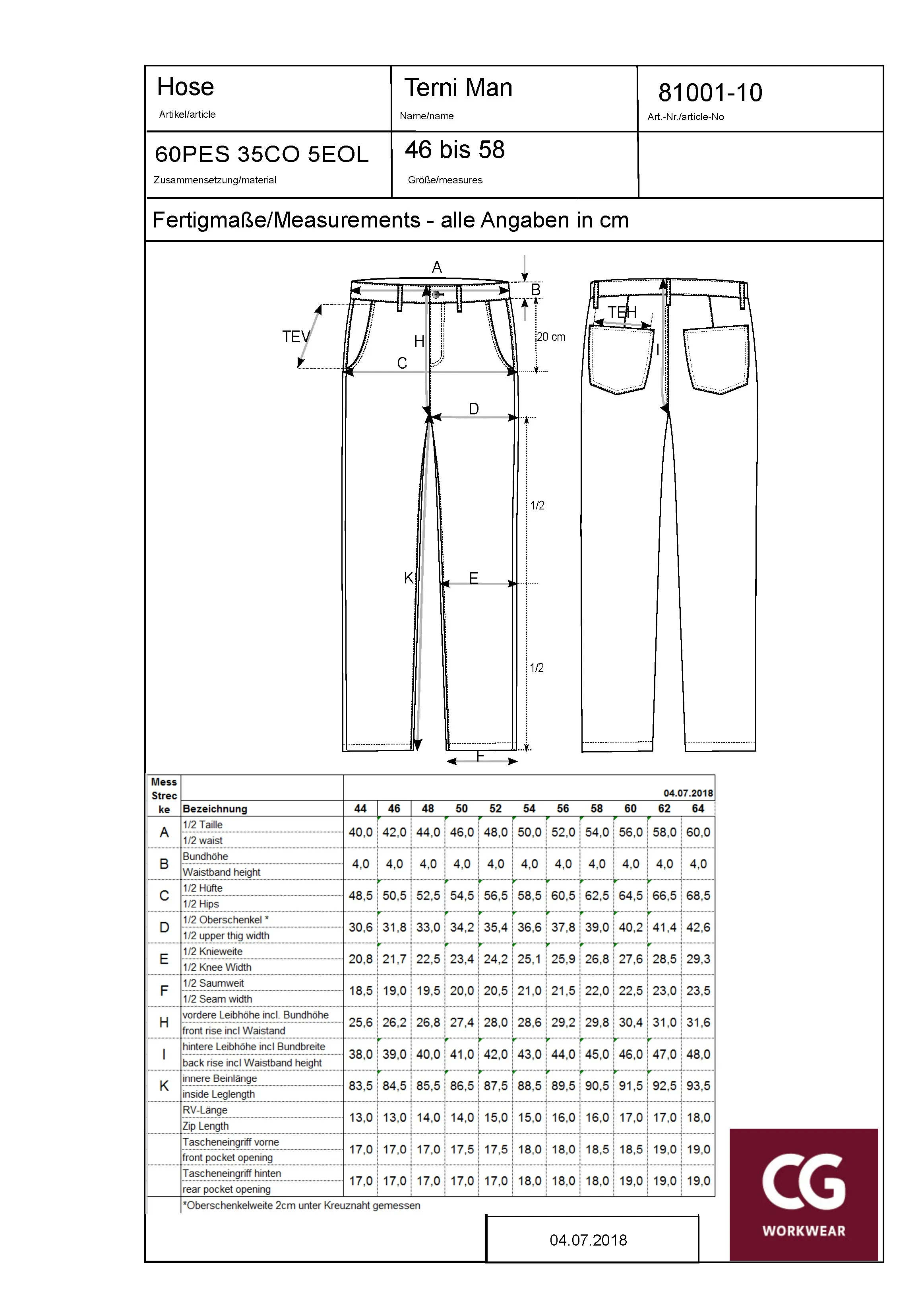Größentabelle für Men´s Terni Trousers – CGW81001