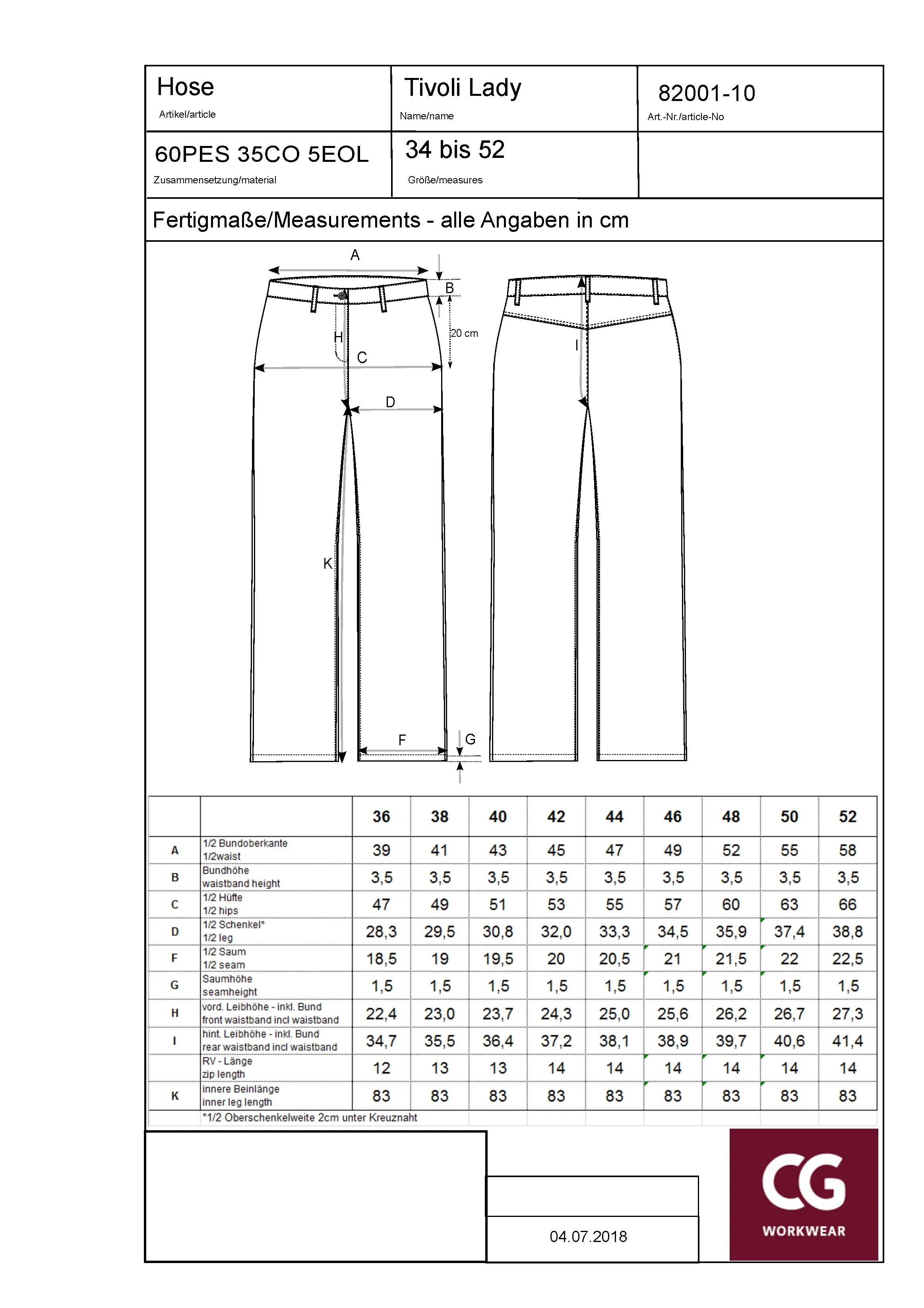 Größentabelle für Ladies´ Tivoli Trousers – CGW82001