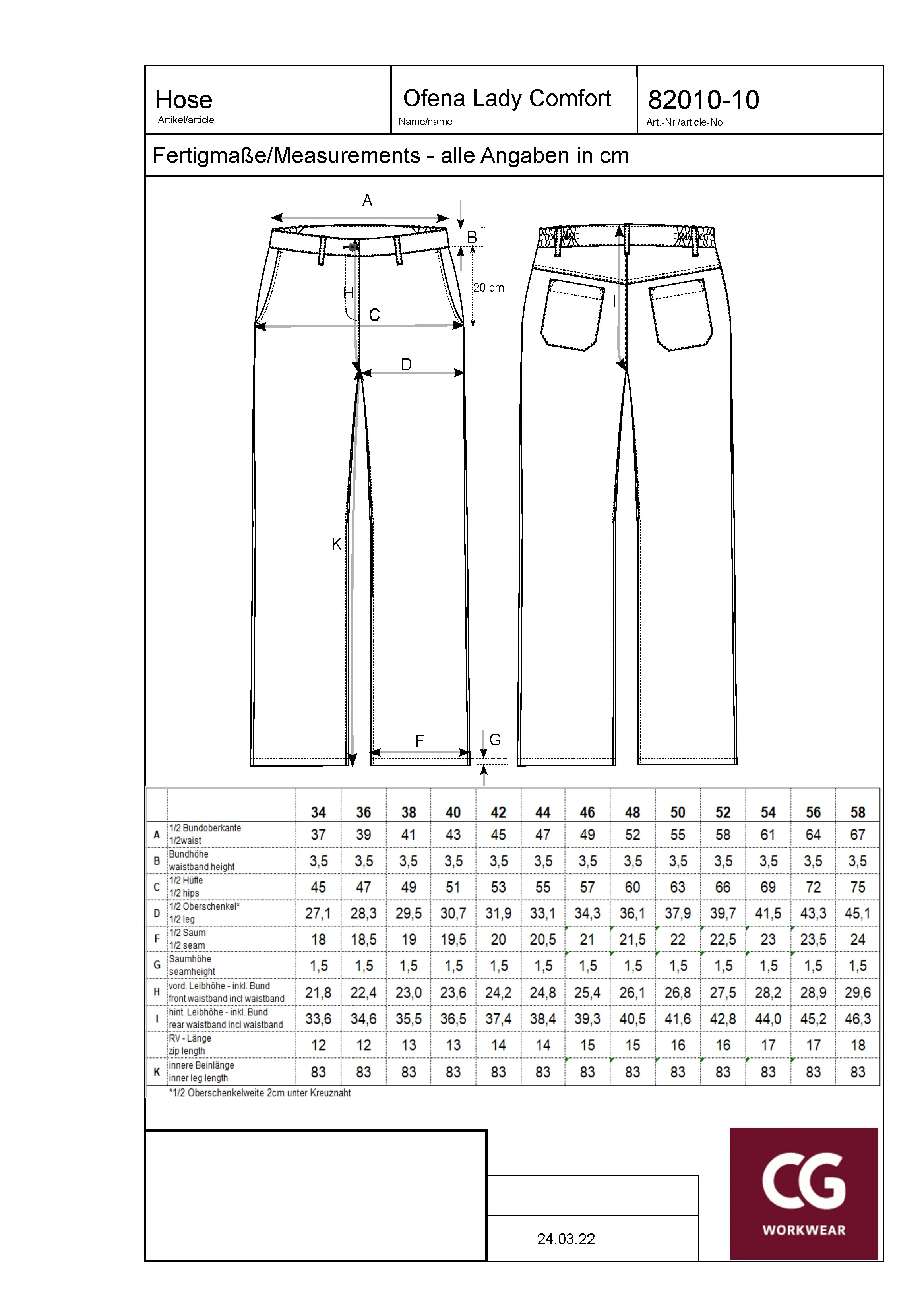 Größentabelle für Ladies´ Ofena Trousers – CGW82010