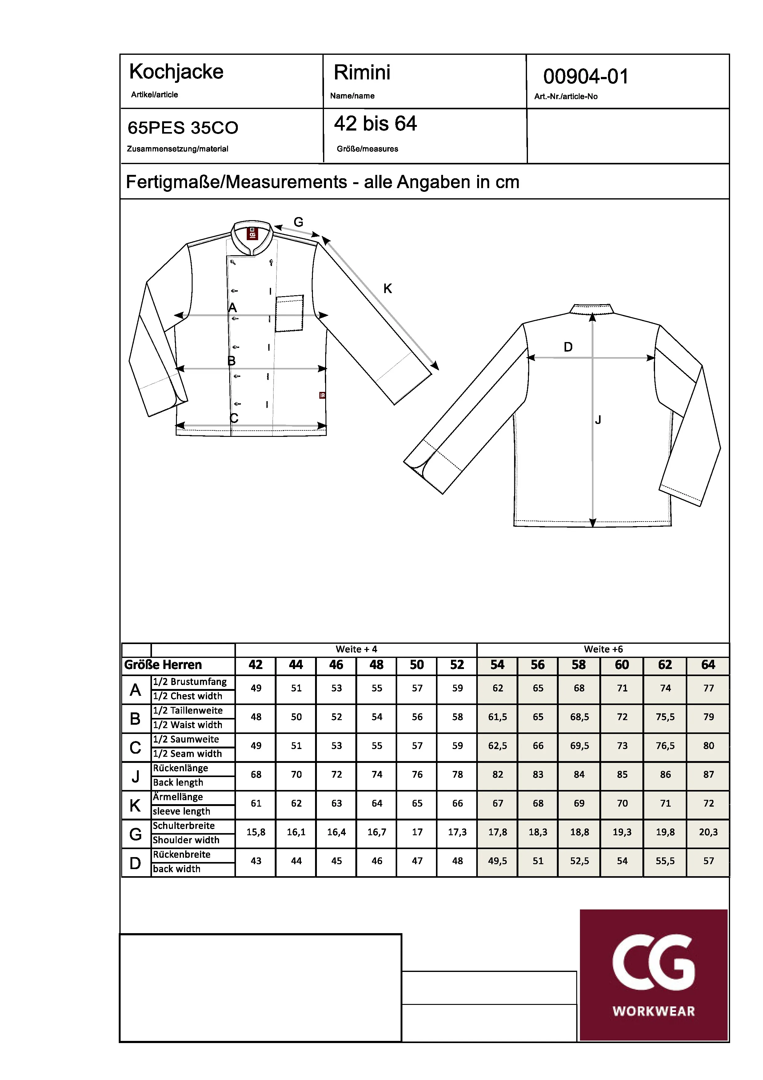 Größentabelle für Men´s Chef Jacket Rimini – CGW907