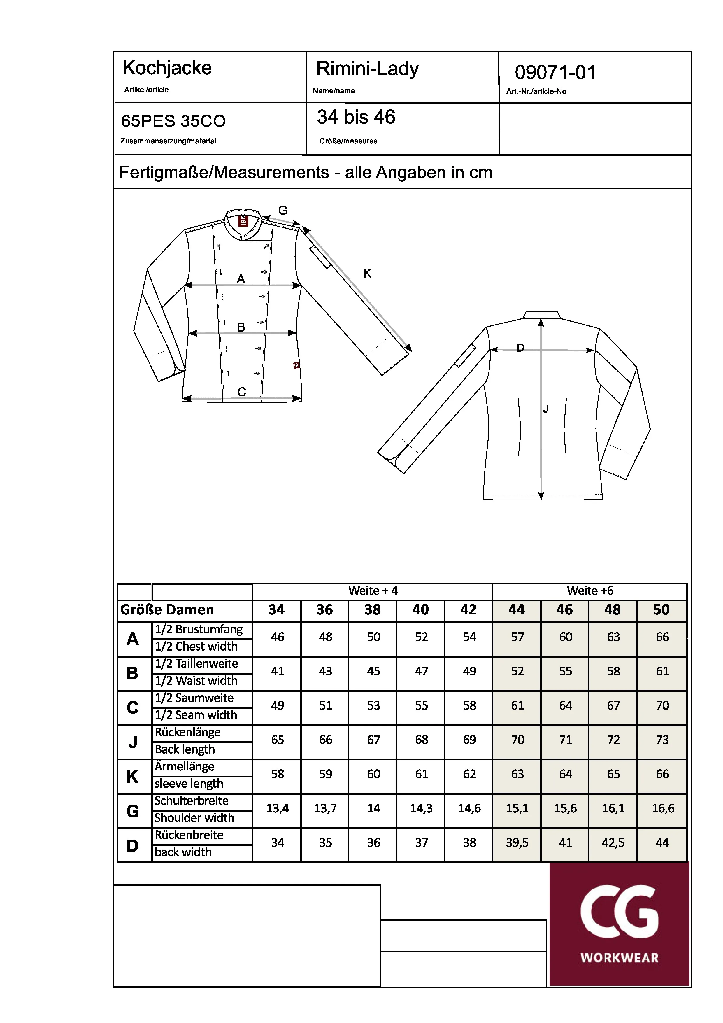 Größentabelle für Ladies´ Chef Jacket Rimini – CGW9071