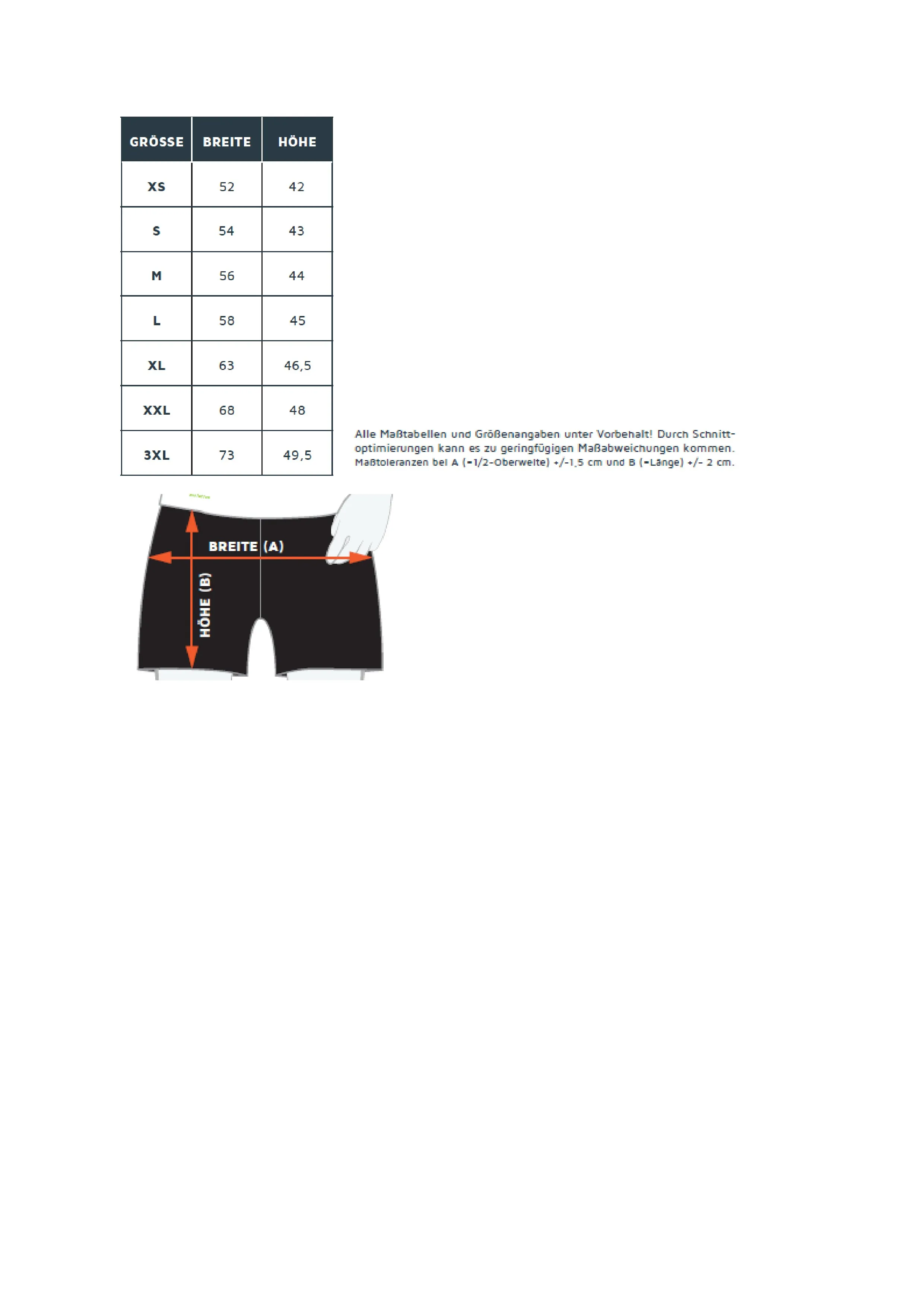 Größentabelle für Evolution Shorts – CN161