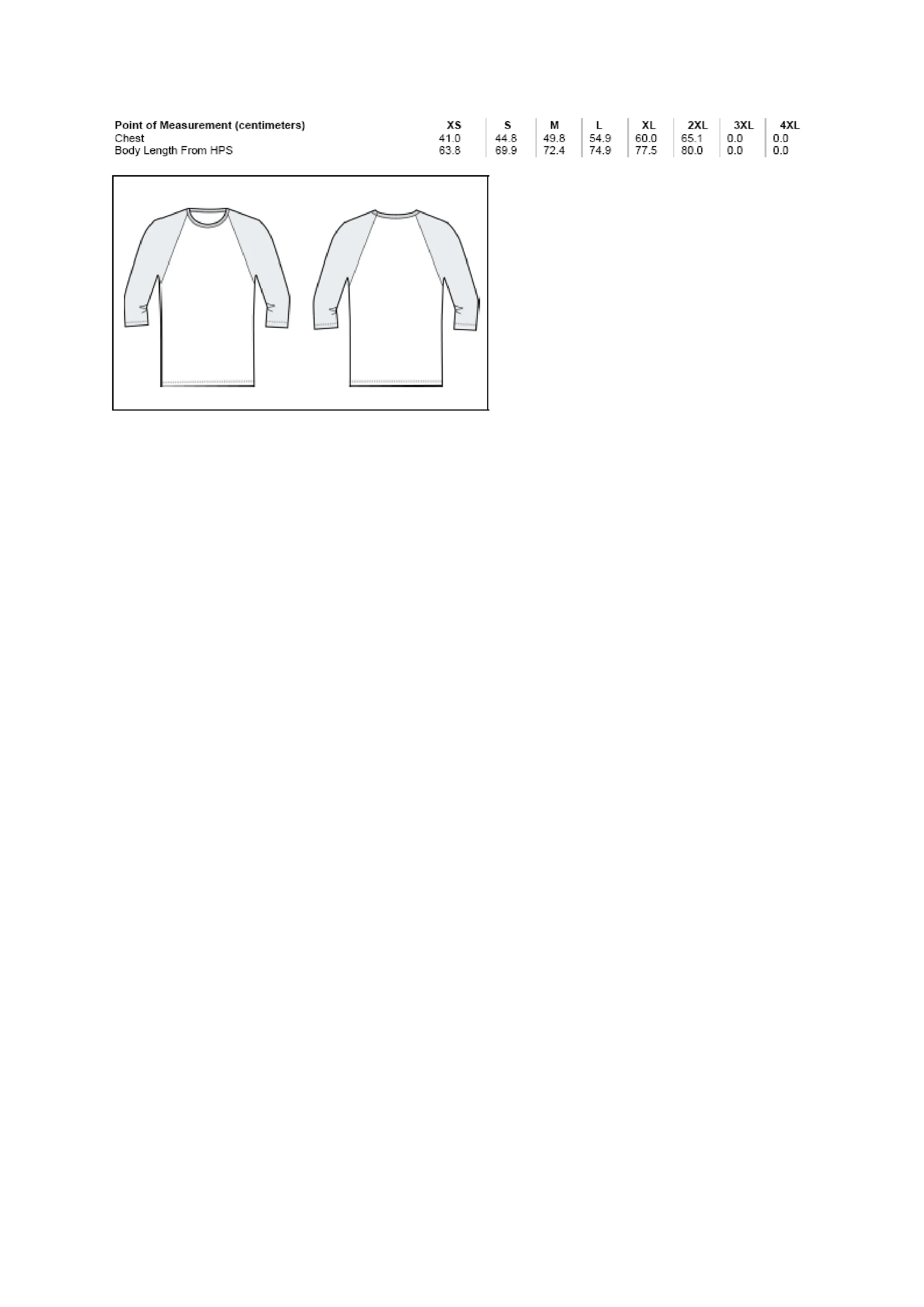 Größentabelle für Unisex 3/4 Sleeve Baseball T-Shirt – CV3200