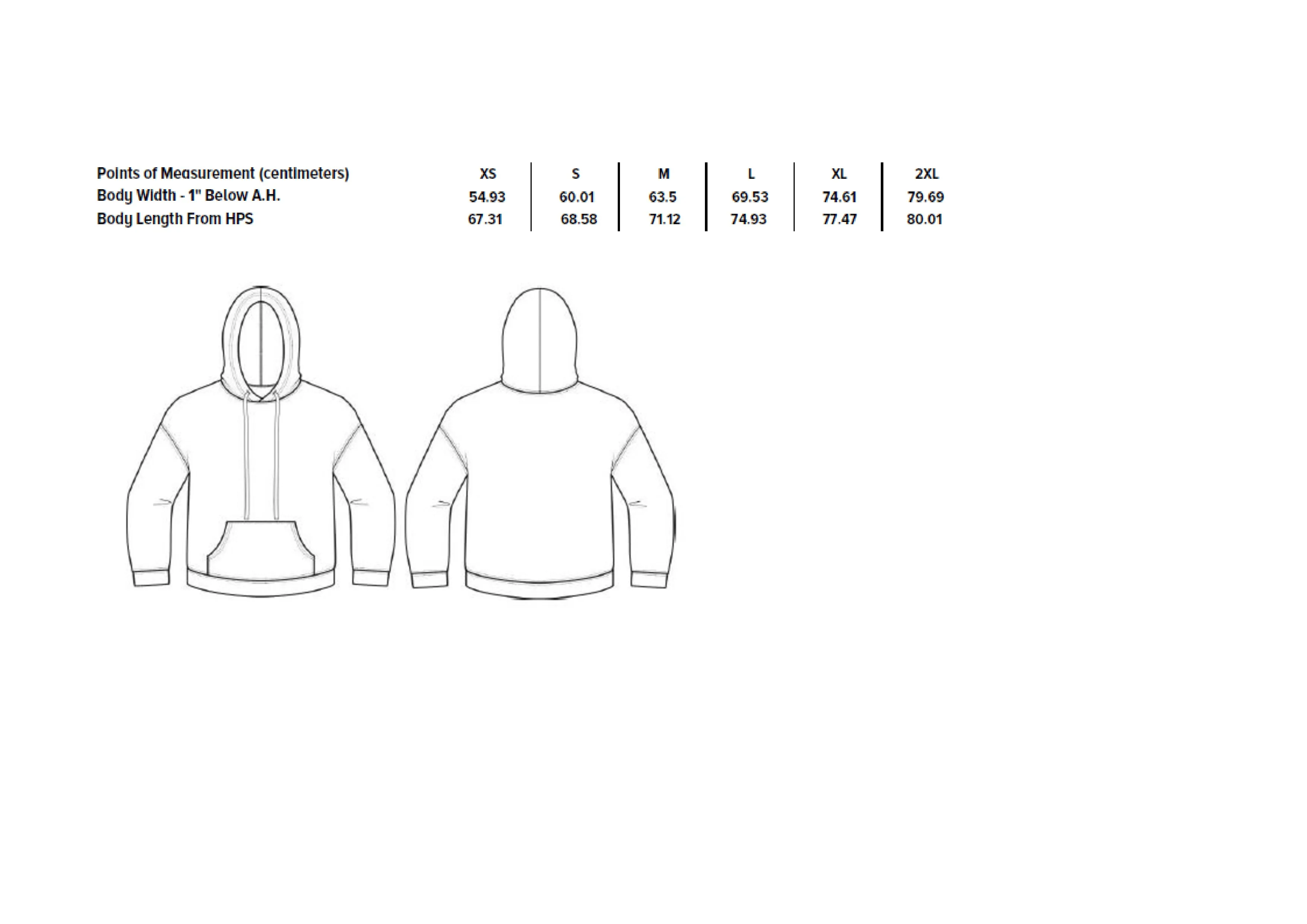 Größentabelle für Unisex Sponge Fleece Pullover DTM Hoodie – CV3729