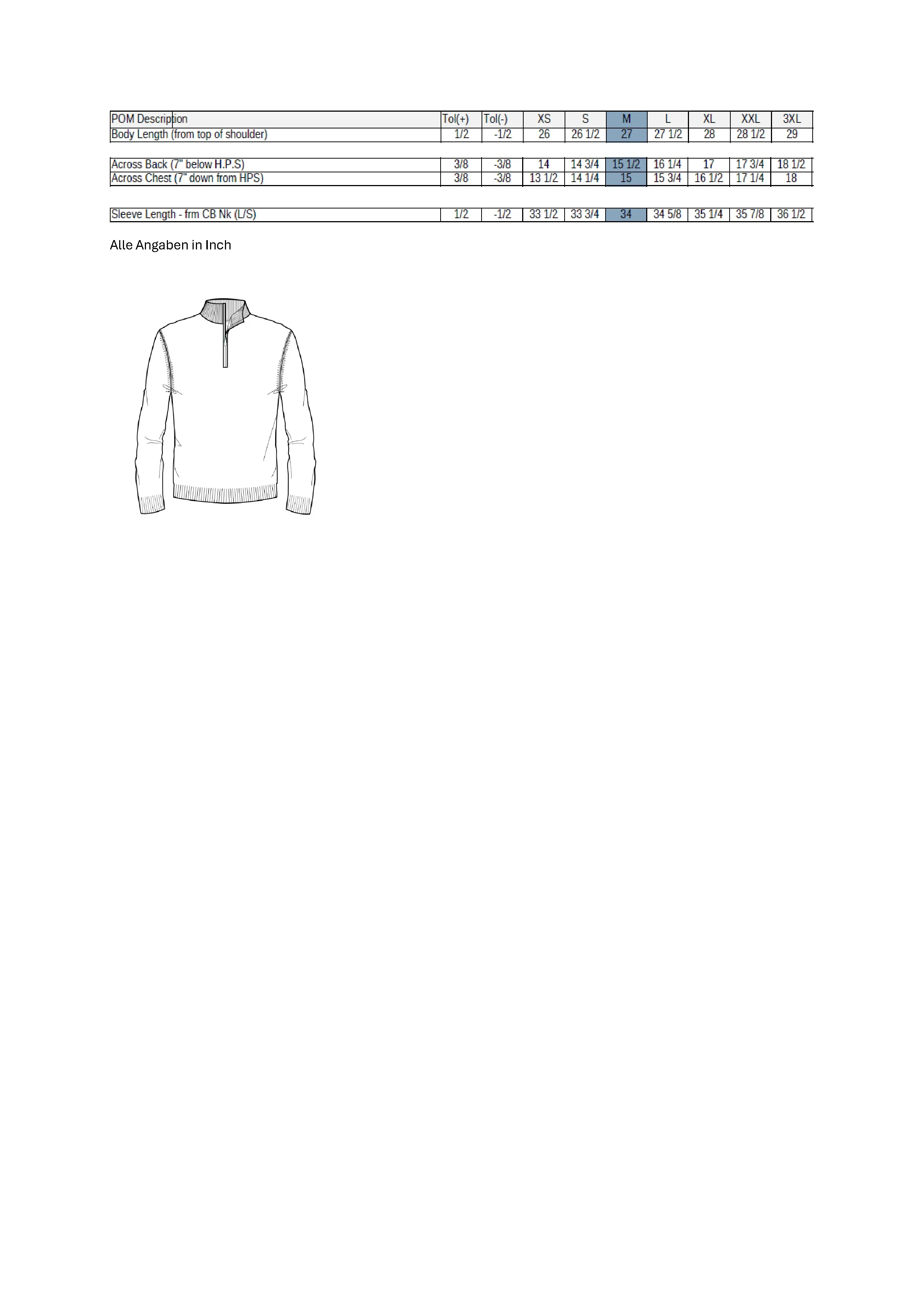 Größentabelle für Men´s 1/4 Zipped Merino Sweater – CW351