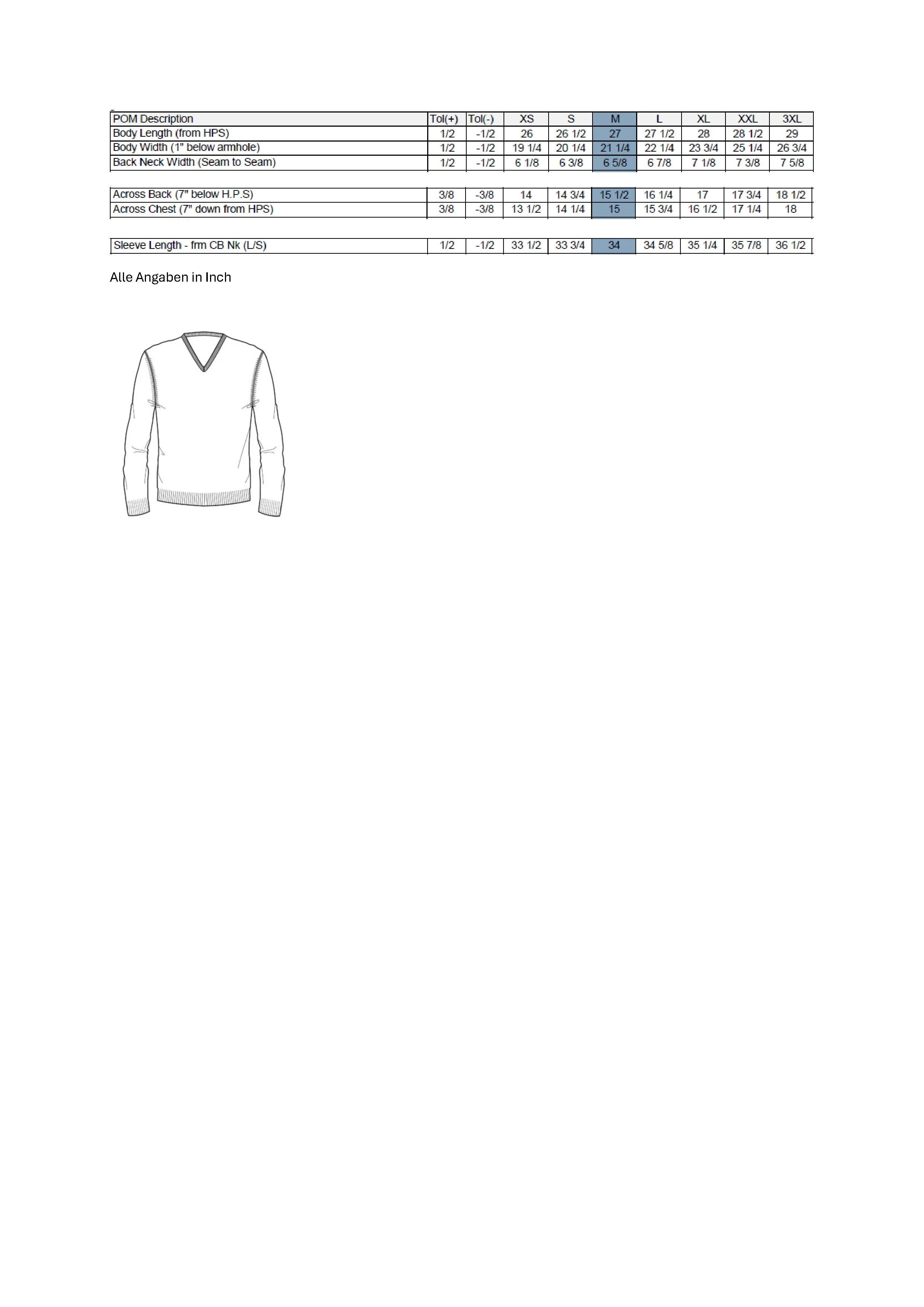 Größentabelle für Men´s V-Neck Merino Sweater – CW353