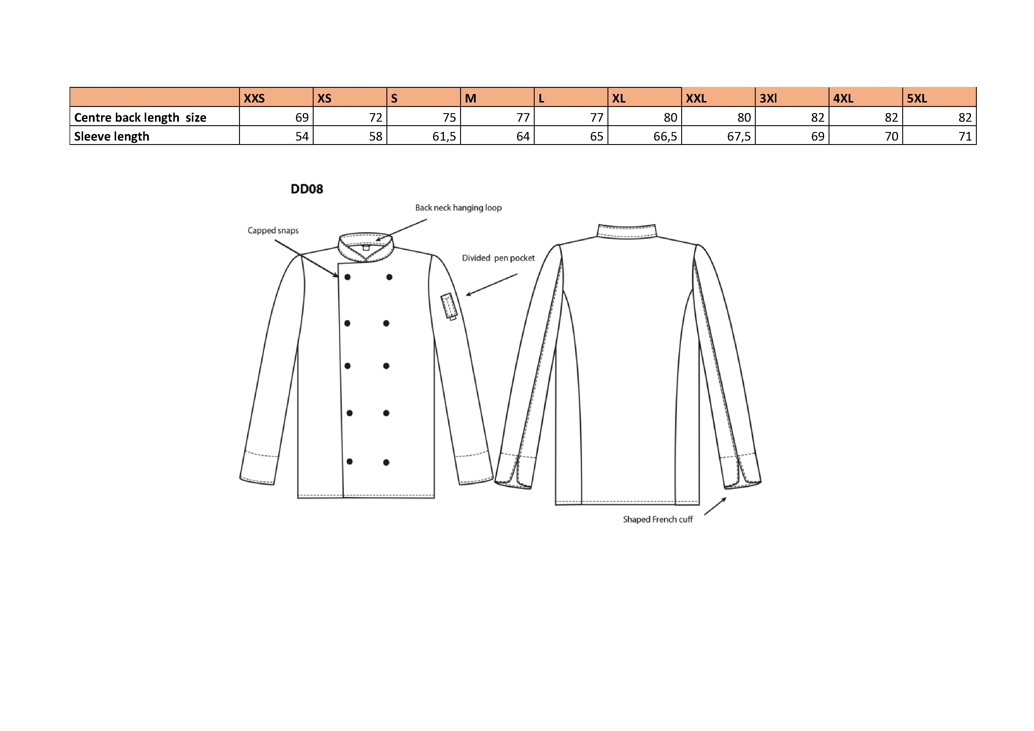 Größentabelle für Long Sleeve Snap Stud Fastening Jacket – DL008