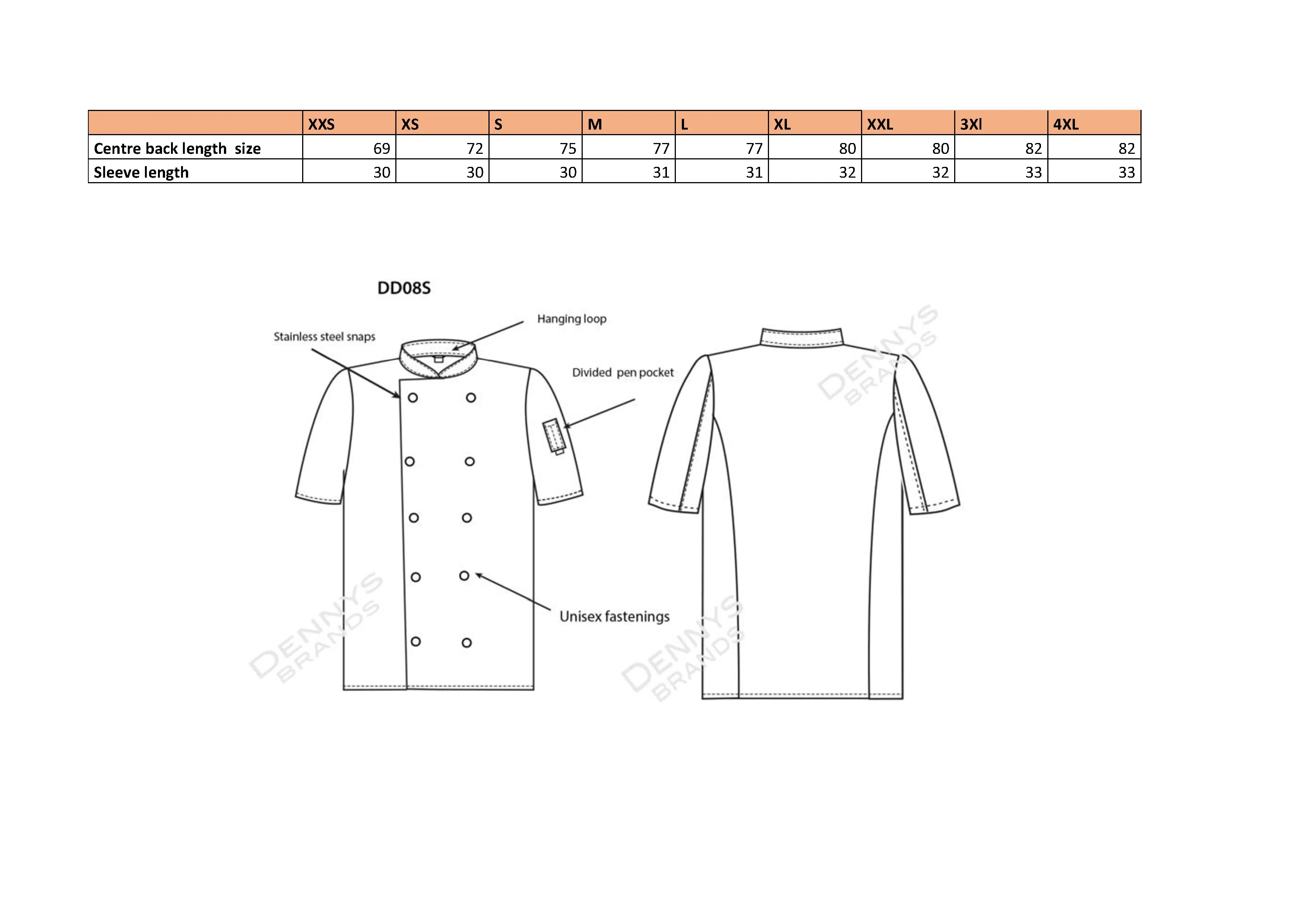 Größentabelle für Short Sleeve Snap Stud Fastening Jacket – DL008S