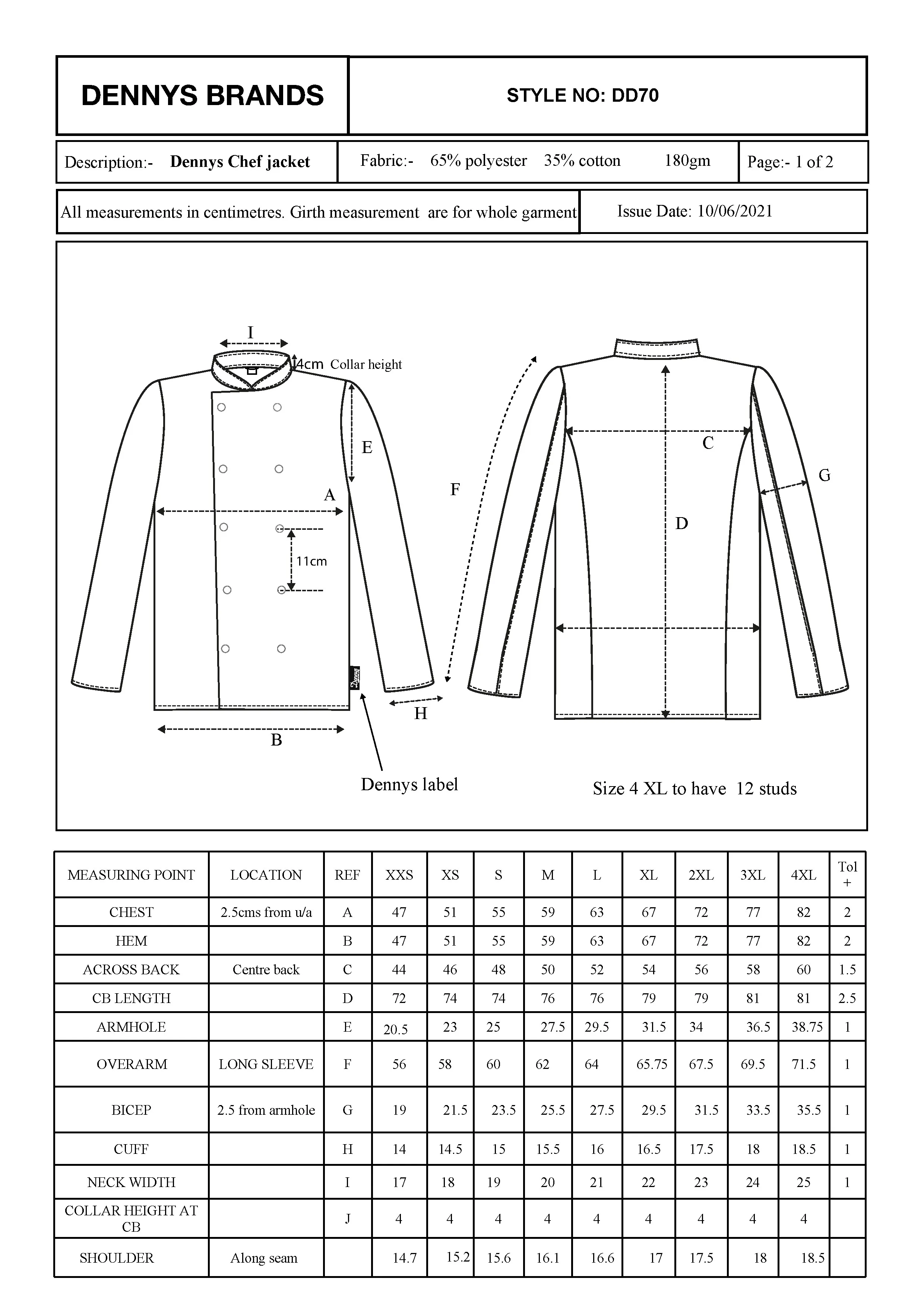 Größentabelle für Unisex Long Sleeve Chef Jacket – DL900