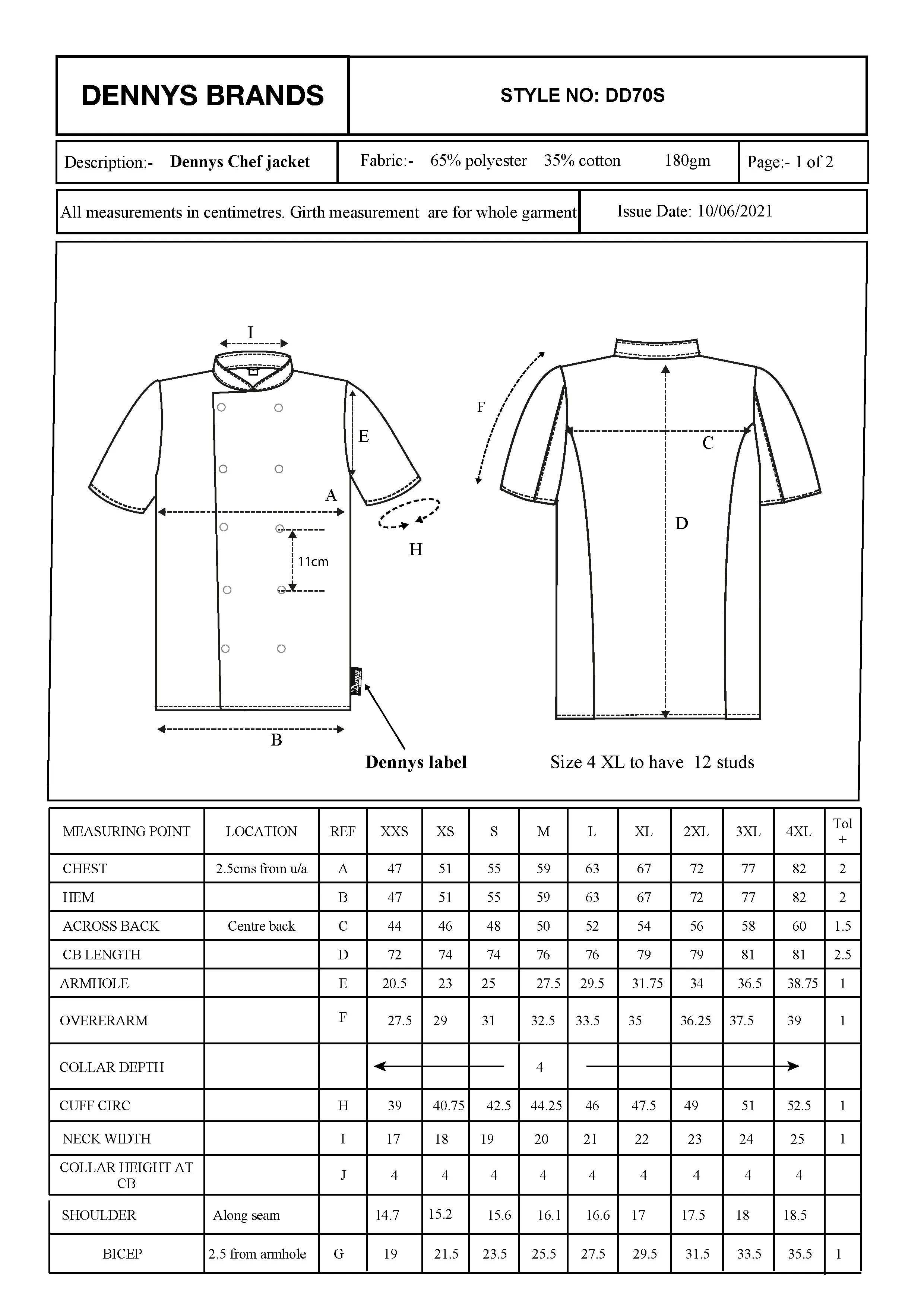 Größentabelle für Short Sleeve Chef Jacket – DL901