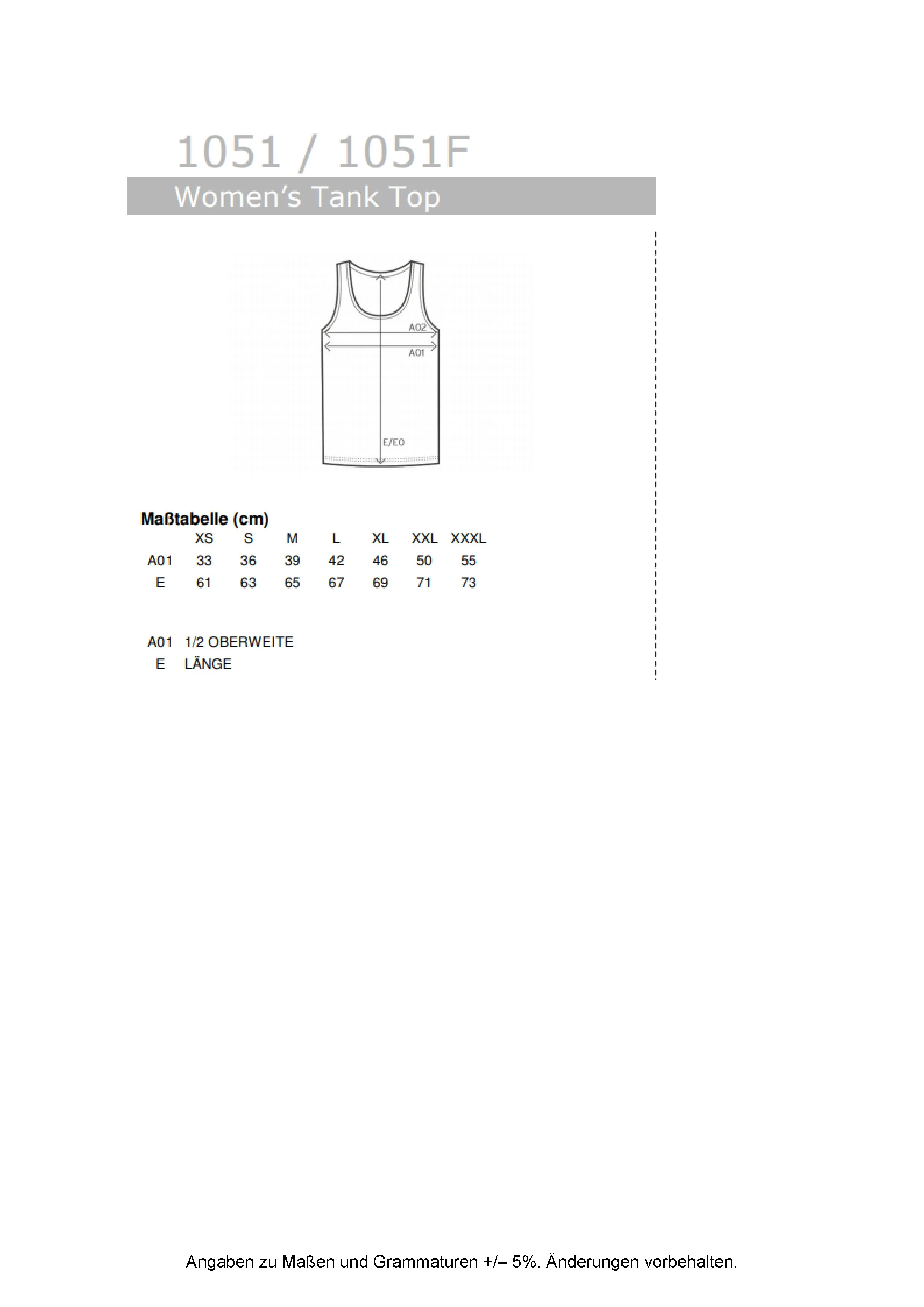 Größentabelle für Women´s Tank Top – E1051