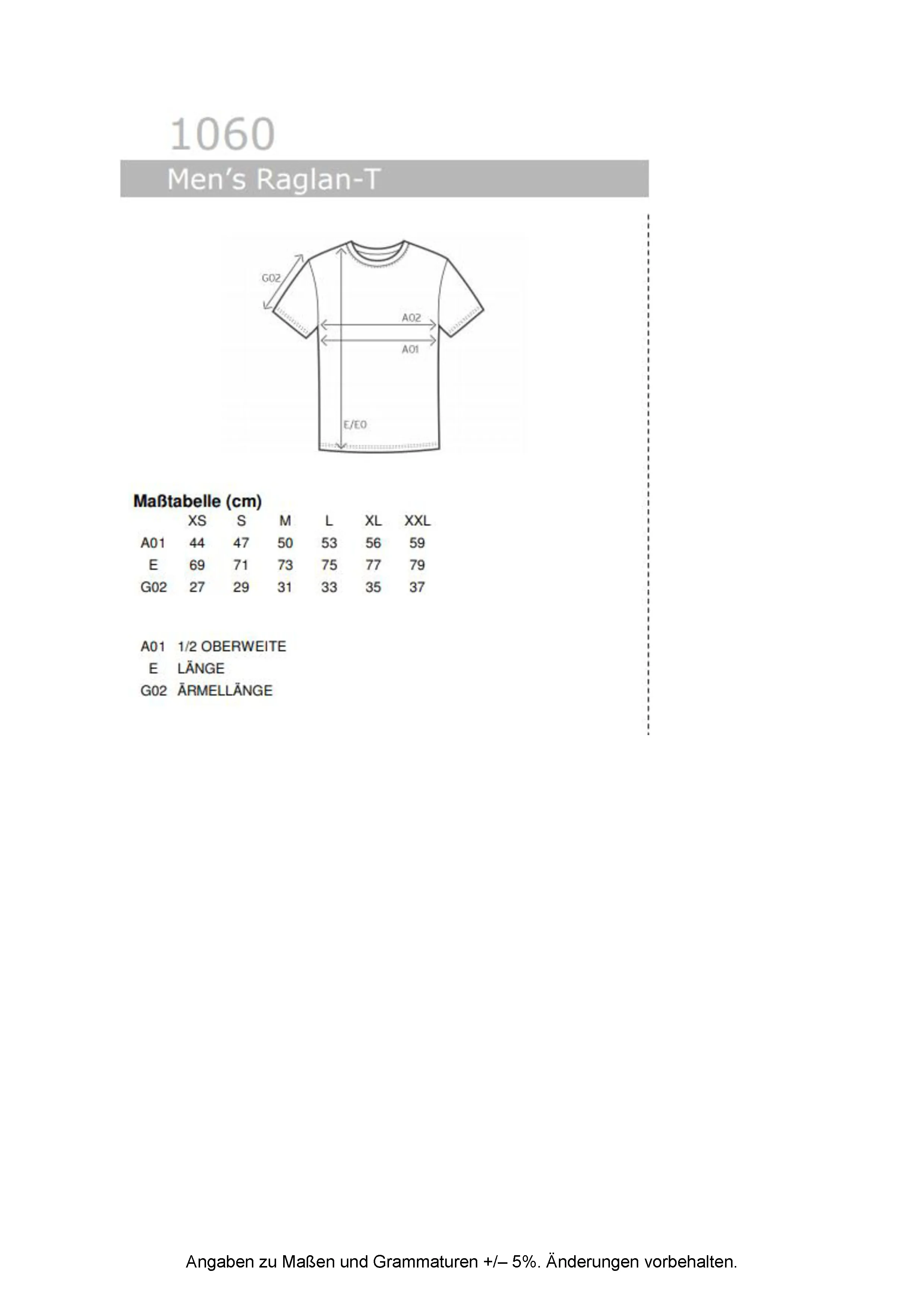Größentabelle für Men´s Raglan T – E1060