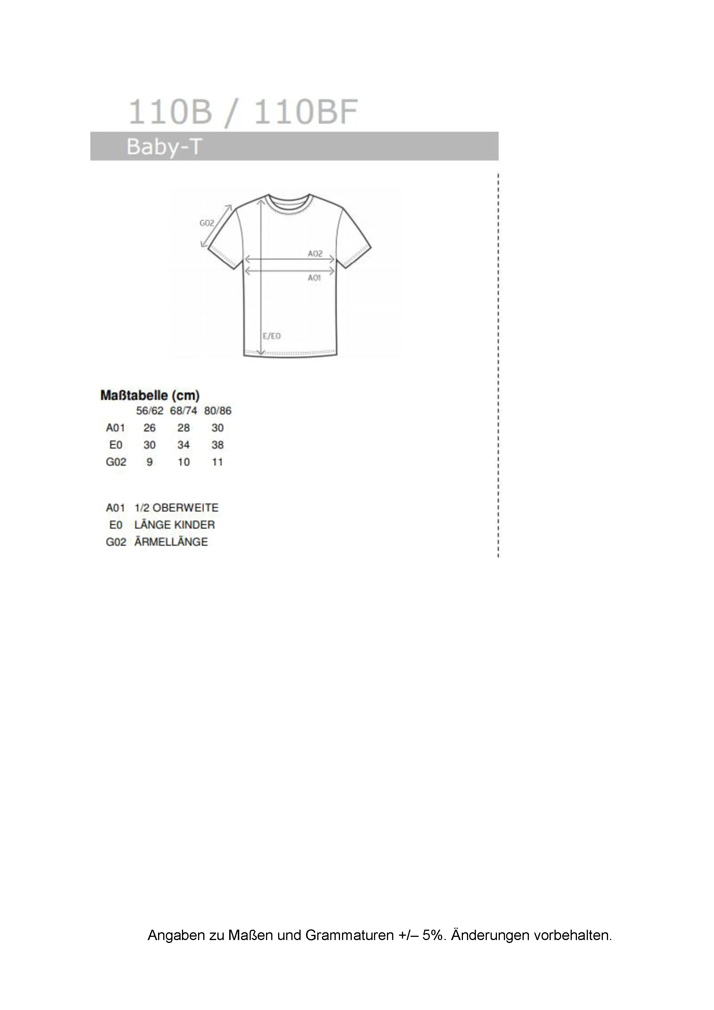 Größentabelle für Baby T-Shirt – E110B