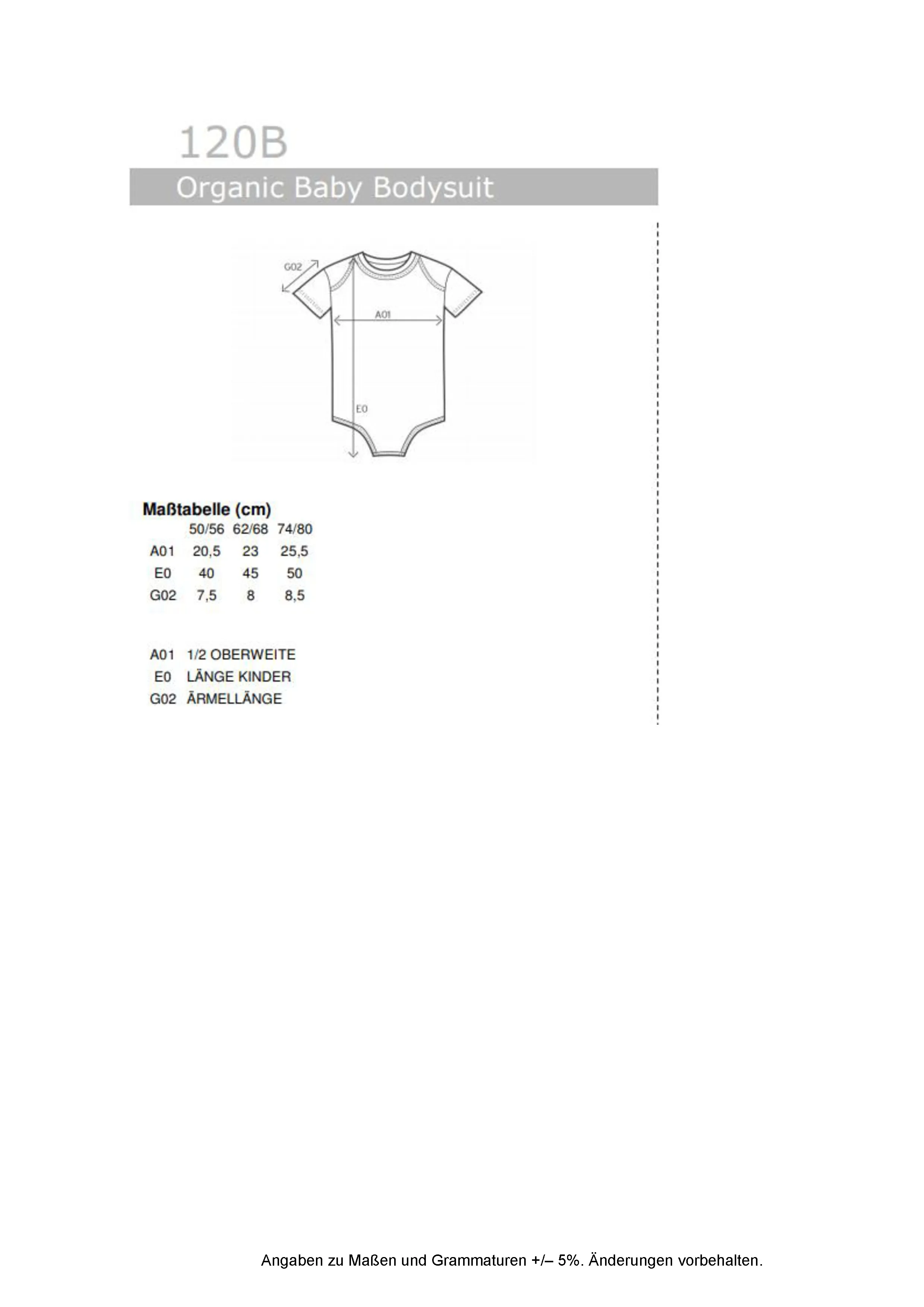 Größentabelle für Organic Baby Bodysuit – E120K
